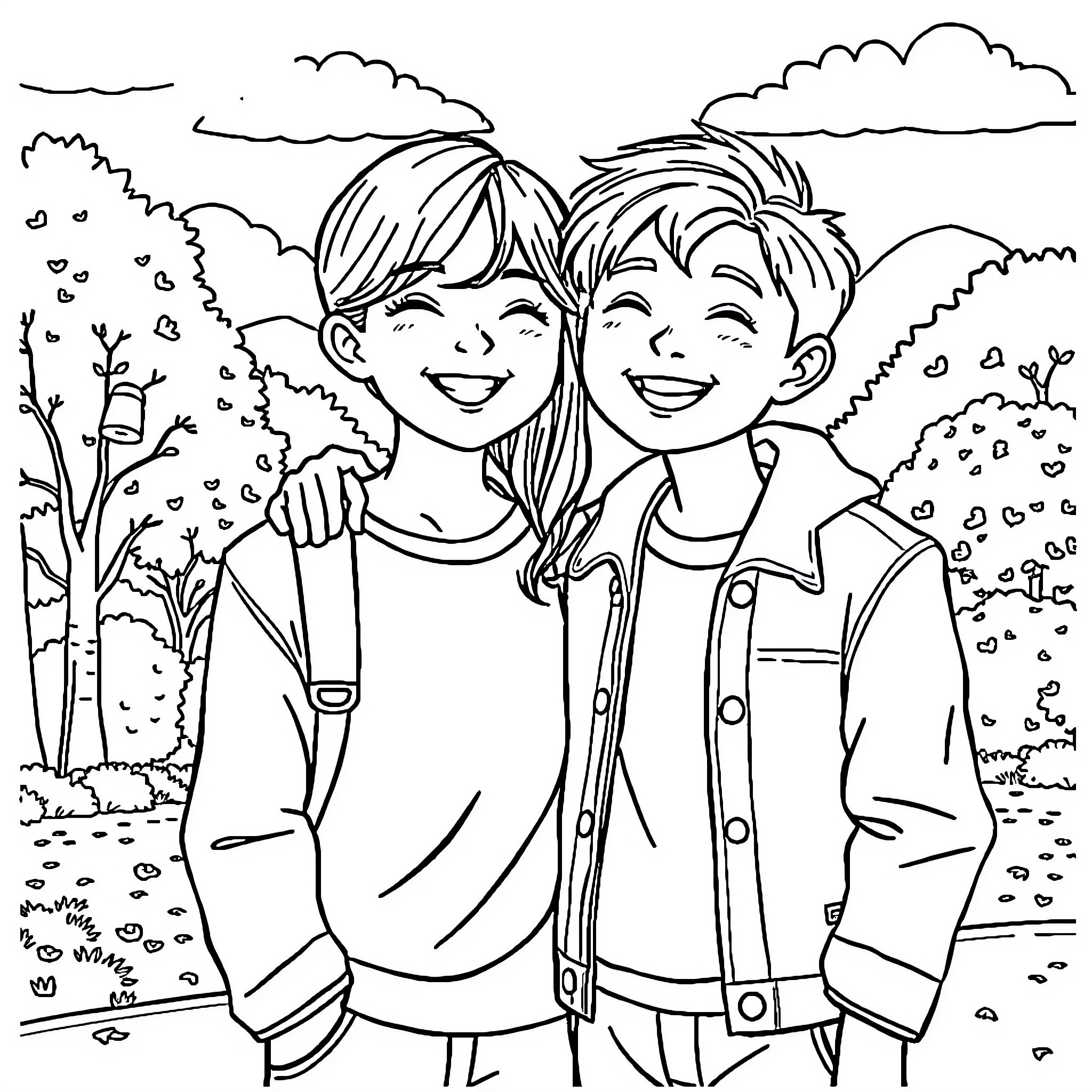 Jihyo's Joyful Outing with a Friend Coloring Page (free black-and-white line drawing printable PDF for all, from beginners to advanced learners, including children, teens, adults, and seniors)