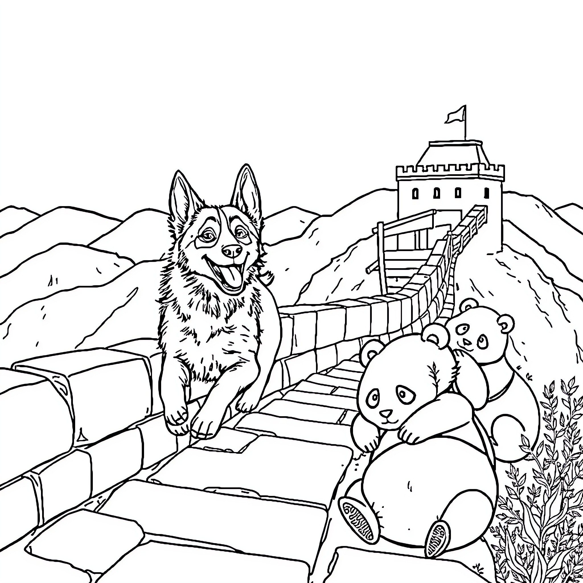Blue Heeler explores the Great Wall of China with pandas Coloring Page (free black-and-white line drawing printable PDF for all, from beginners to advanced learners, including children, teens, adults, and seniors)