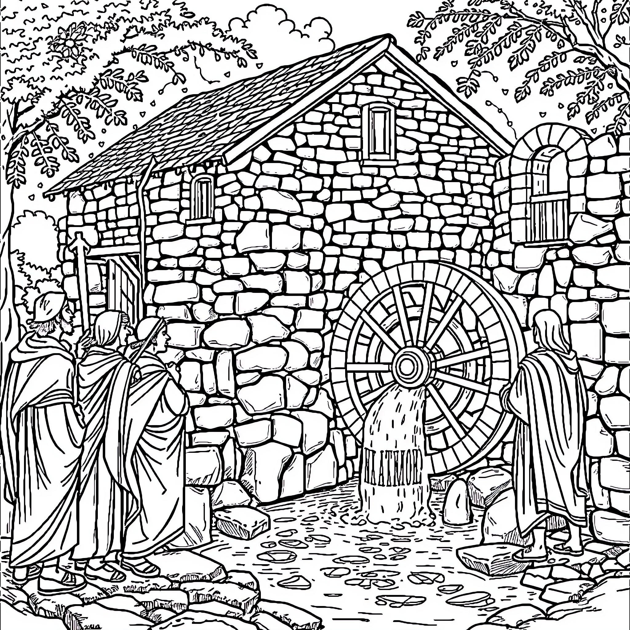 Roman Figures Gather at a Rustic Stone Cottage Coloring Page (free black-and-white line drawing printable PDF for all, from beginners to advanced learners, including children, teens, adults, and seniors)