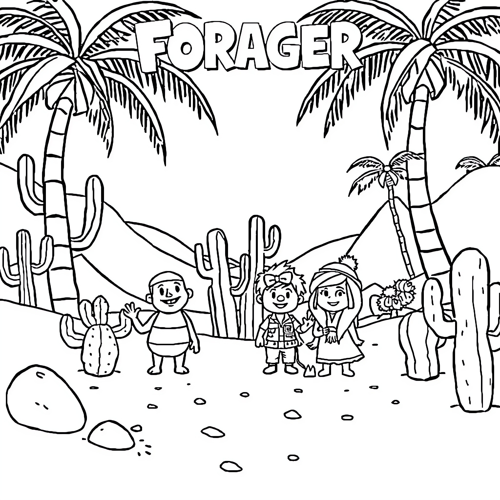 Character Adventurers in Desert Landscape Coloring Page (free black-and-white line drawing printable PDF for all, from beginners to advanced learners, including children, teens, adults, and seniors)
