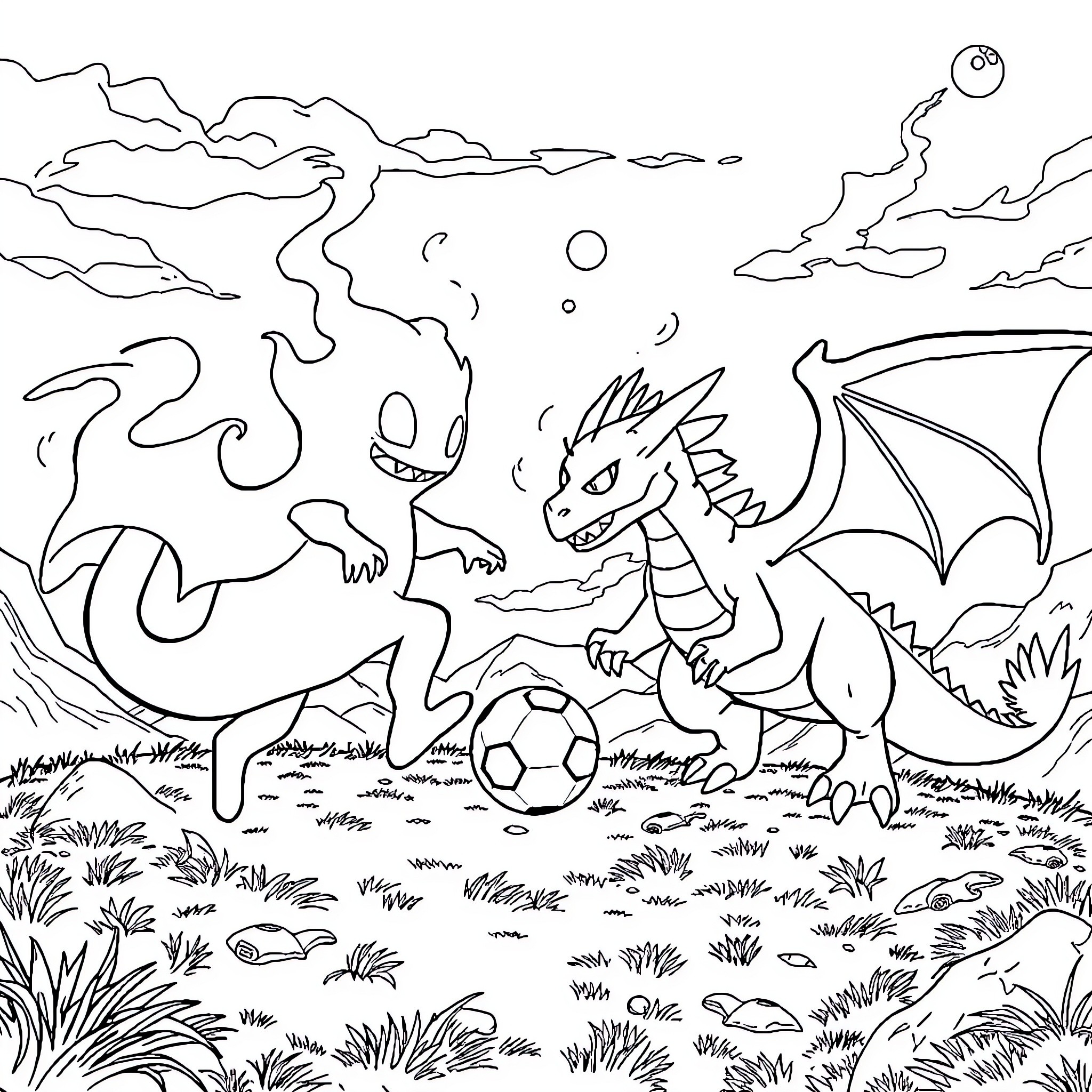 Ectoplasm Creatures Playing Soccer in the Moonlight Coloring Page (free black-and-white line drawing printable PDF for all, from beginners to advanced learners, including children, teens, adults, and seniors)