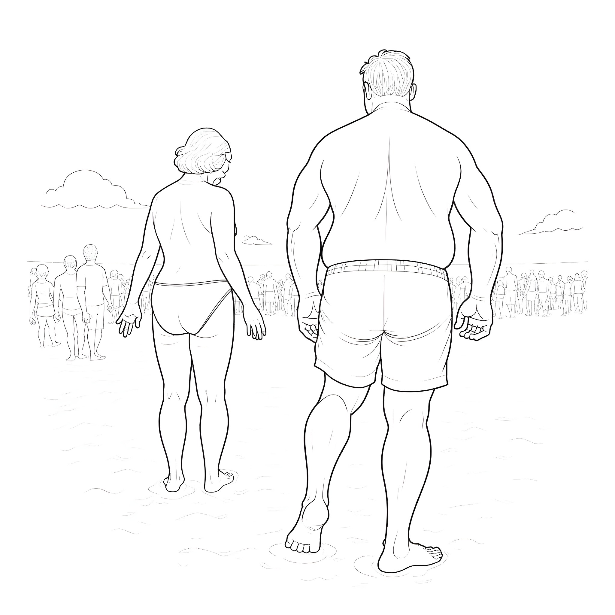 Beach scene with two men Coloring Page (free black-and-white line drawing printable PDF for all, from beginners to advanced learners, including children, teens, adults, and seniors)