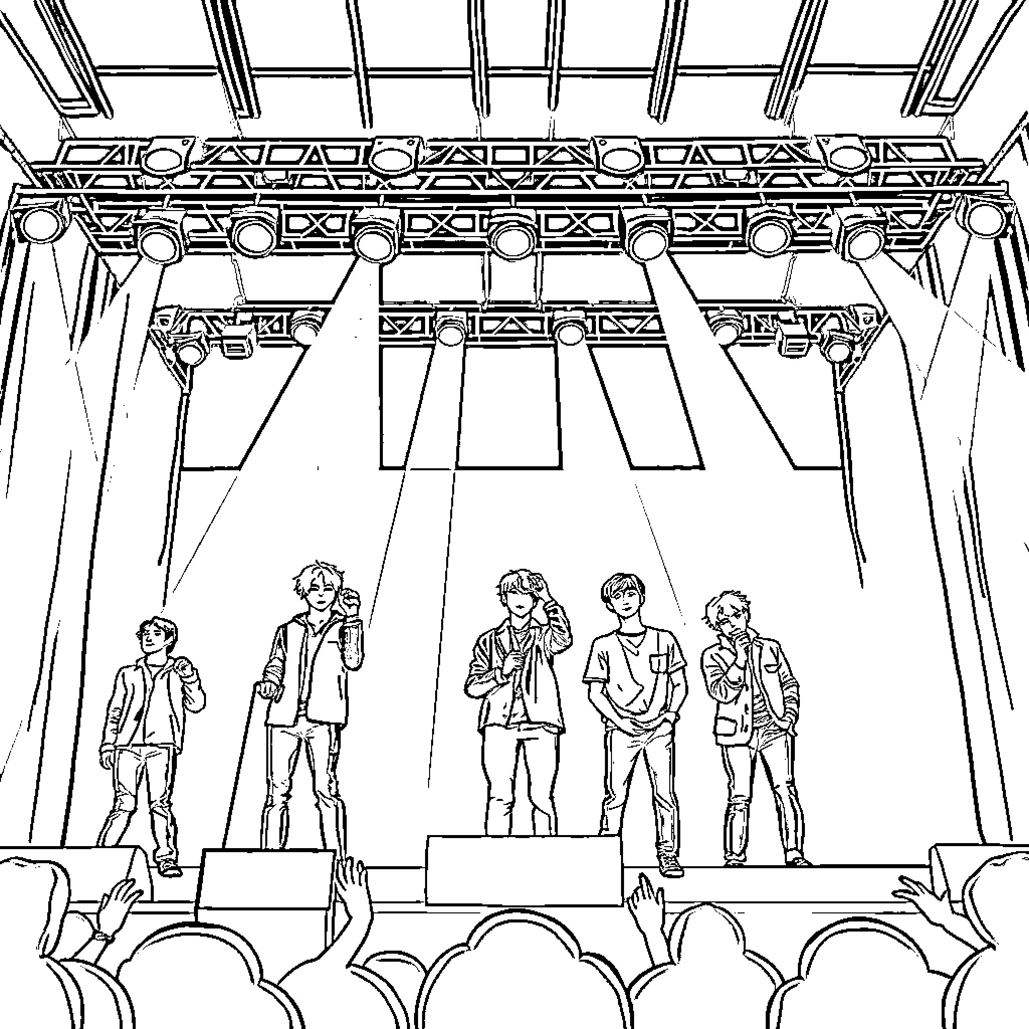 BTS Members Performing on Stage Coloring Page (free black-and-white line drawing printable PDF for all, from beginners to advanced learners, including children, teens, adults, and seniors)