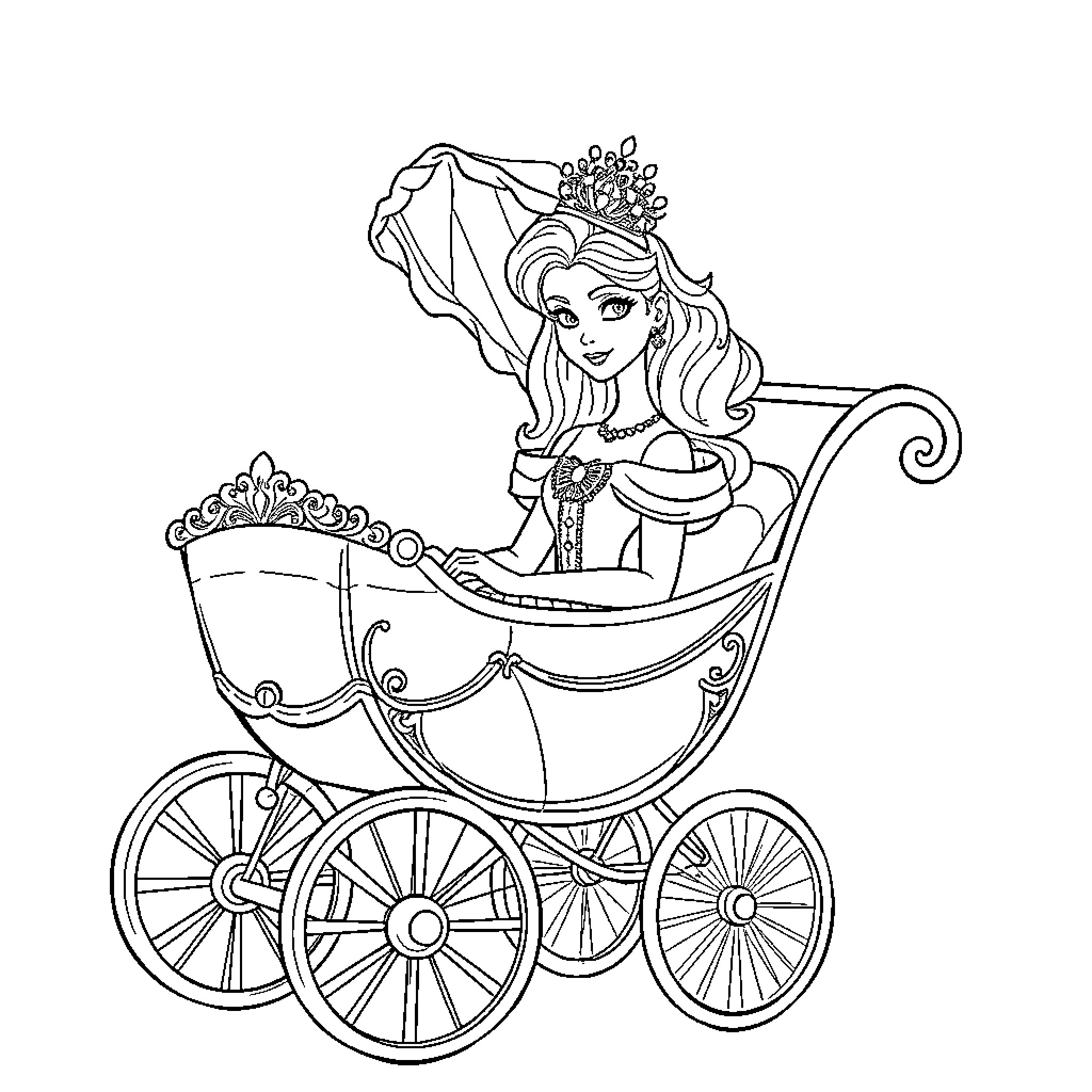 Princess riding in ornate carriage with crown Coloring Page (free black-and-white line drawing printable PDF for all, from beginners to advanced learners, including children, teens, adults, and seniors)