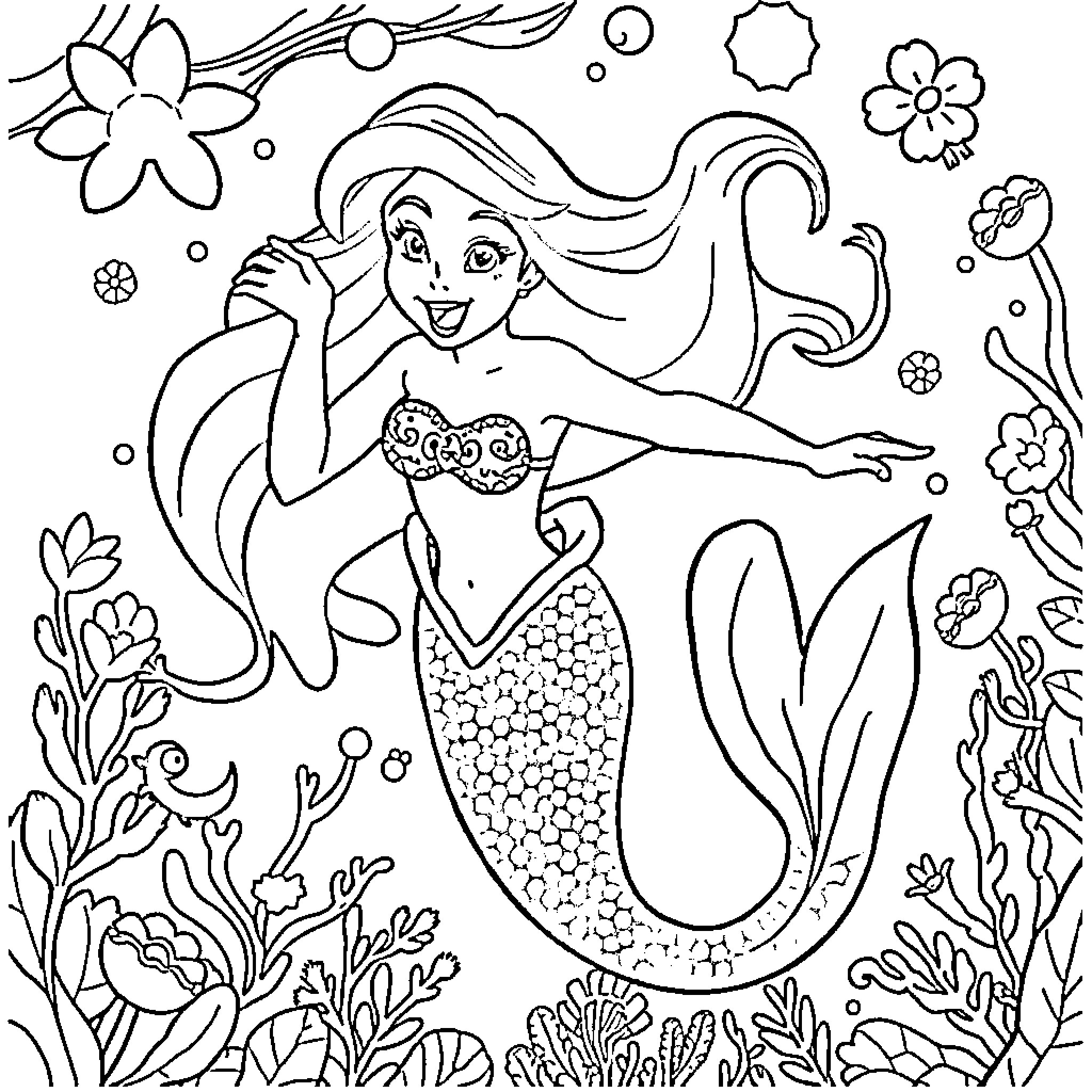 Ariel, the Mermaid, Exploring the Underwater World Coloring Page (free black-and-white line drawing printable PDF for all, from beginners to advanced learners, including children, teens, adults, and seniors)