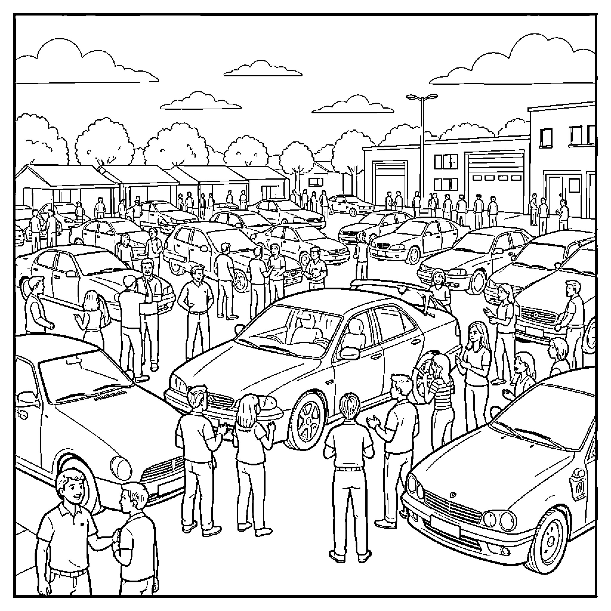 Car show with people gathering around various vehicles Coloring Page (free black-and-white line drawing printable PDF for all, from beginners to advanced learners, including children, teens, adults, and seniors)