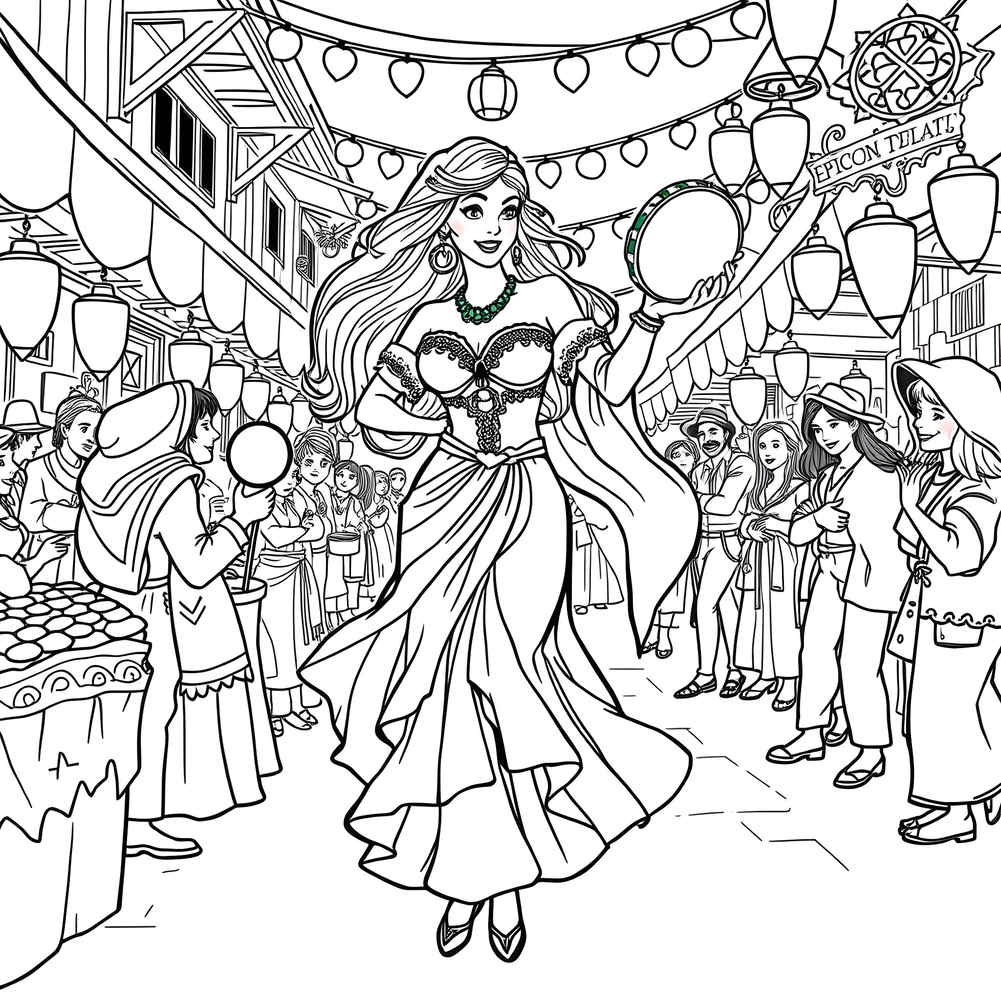 Esmeralda's Joyful Celebration in the Vibrant Festival Coloring Page (free black-and-white line drawing printable PDF for all, from beginners to advanced learners, including children, teens, adults, and seniors)