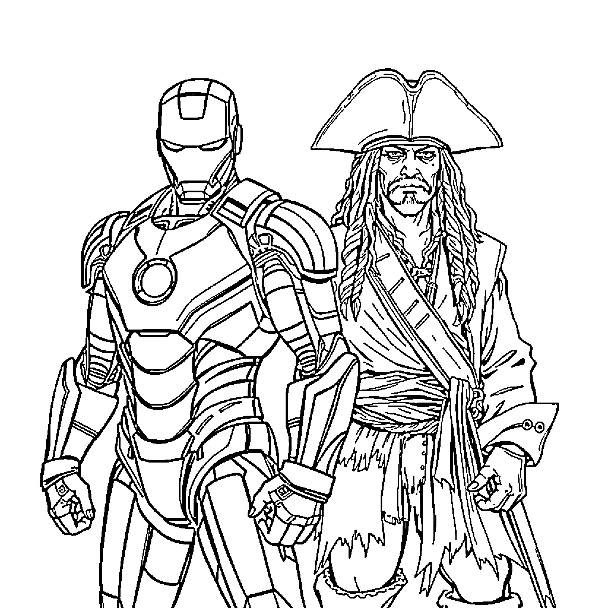 Ironman and Pirate Captain Standing Together Coloring Page (free black-and-white line drawing printable PDF for all, from beginners to advanced learners, including children, teens, adults, and seniors)