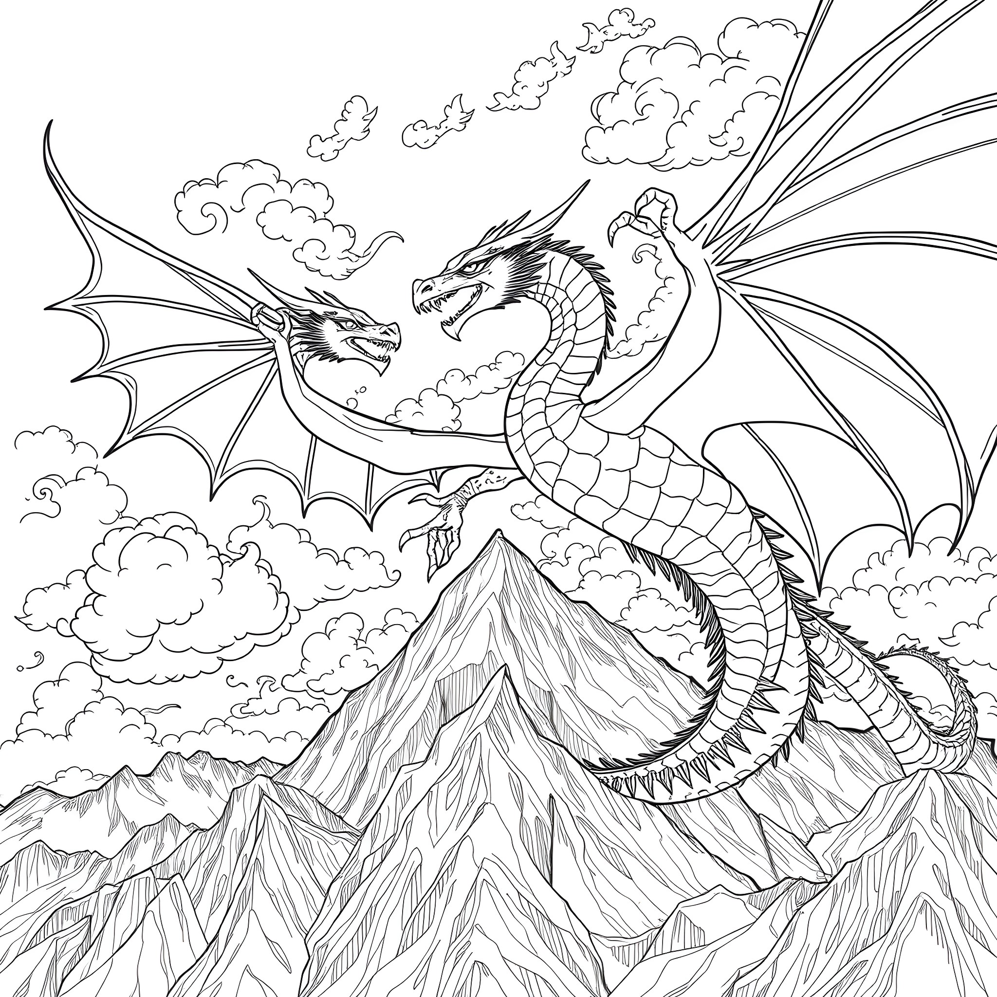 Dragon in the Cloudy Sky Coloring Page (free black-and-white line drawing printable PDF for all, from beginners to advanced learners, including children, teens, adults, and seniors)