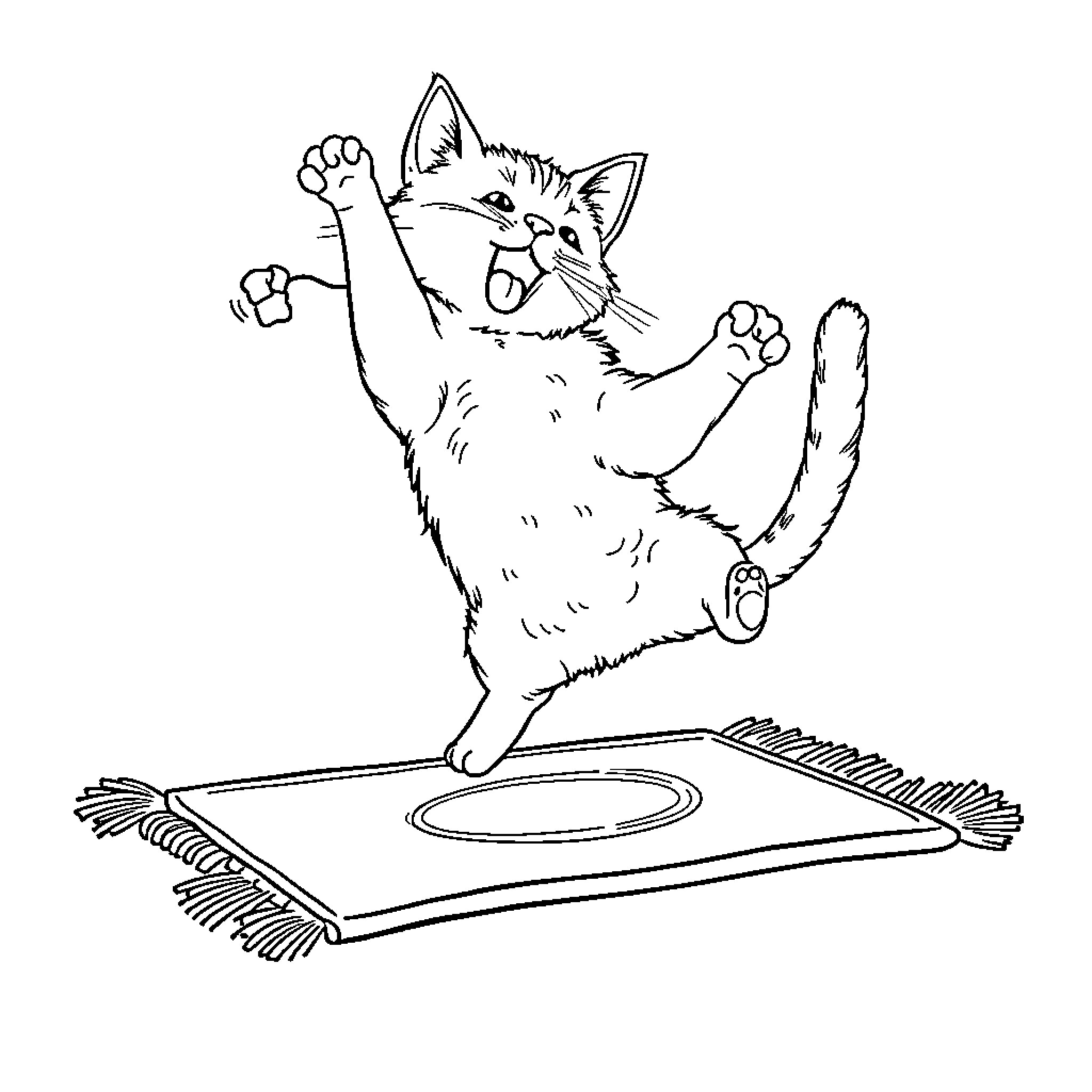 Cat playing on a trampoline Coloring Page (free black-and-white line drawing printable PDF for all, from beginners to advanced learners, including children, teens, adults, and seniors)