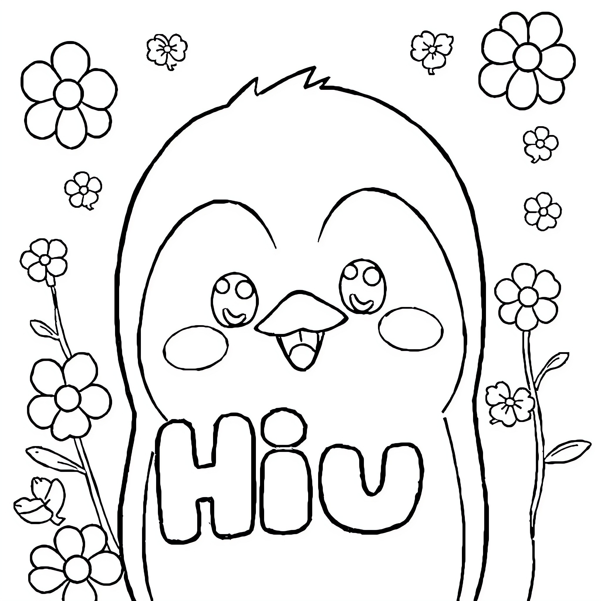 Hiu Happy Penguins in Flower Garden Coloring Page (free black-and-white line drawing printable PDF for all, from beginners to advanced learners, including children, teens, adults, and seniors)