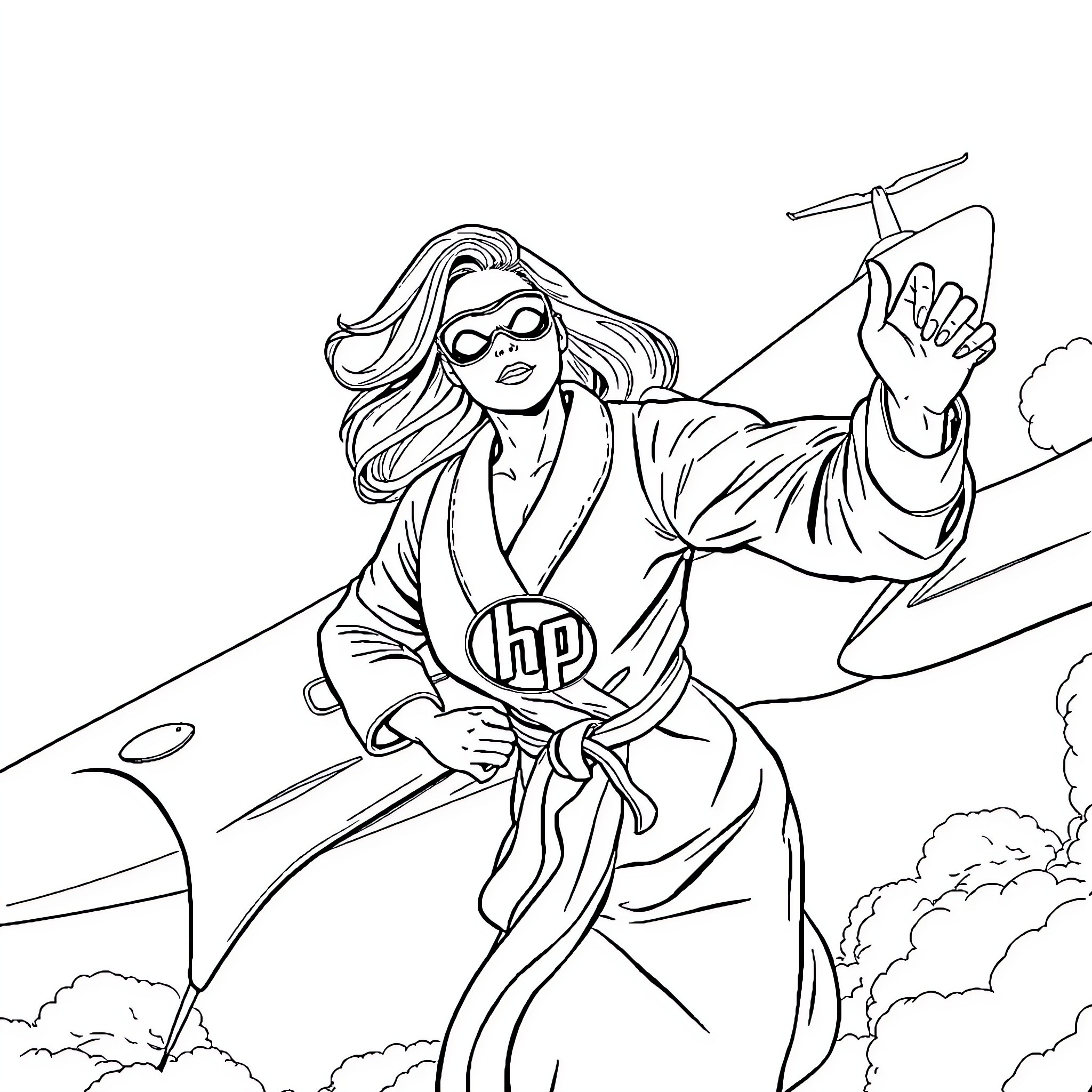 Superhero woman soaring through the sky in action Coloring Page (free black-and-white line drawing printable PDF for all, from beginners to advanced learners, including children, teens, adults, and seniors)