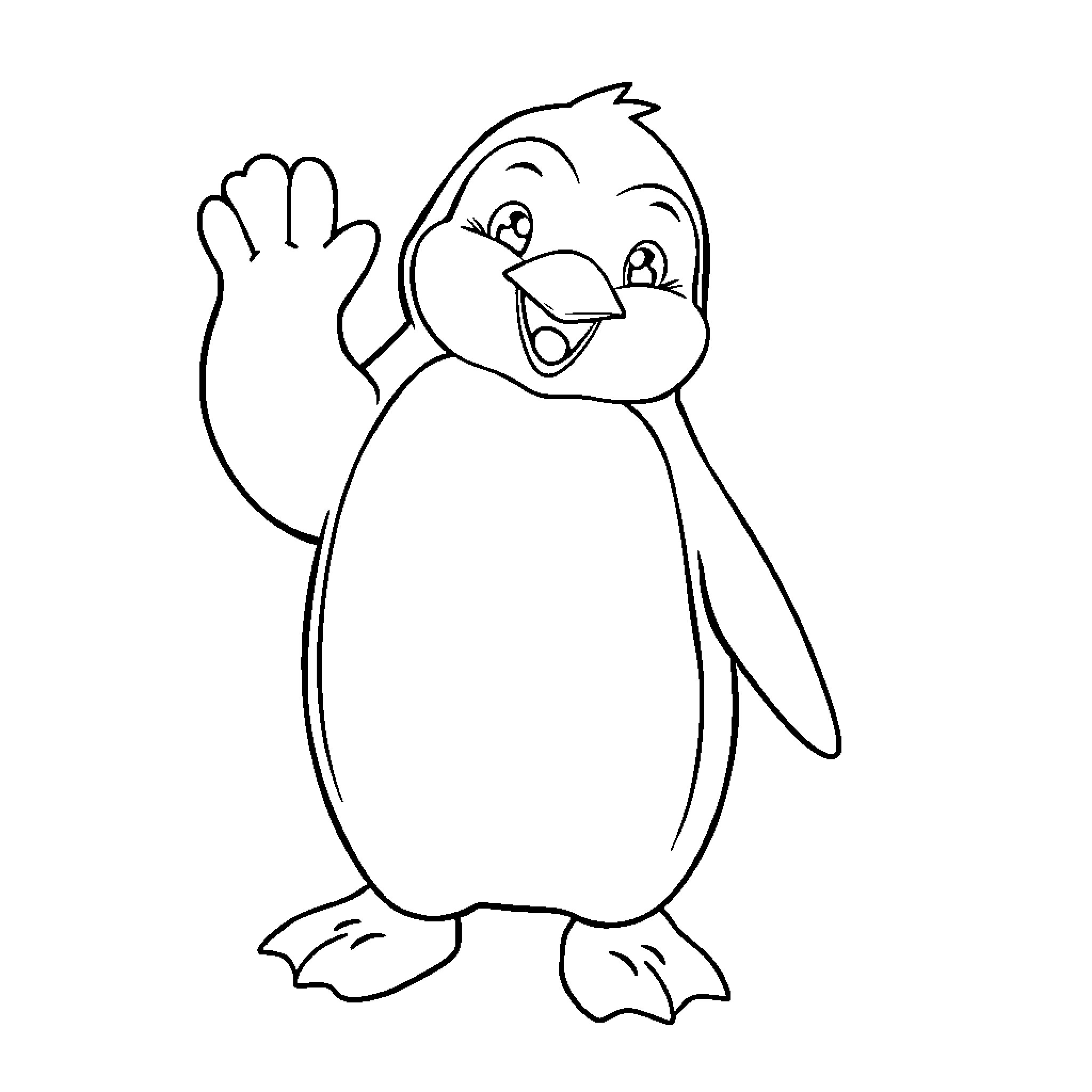 Penguin waving and expressing happiness Coloring Page (free black-and-white line drawing printable PDF for all, from beginners to advanced learners, including children, teens, adults, and seniors)