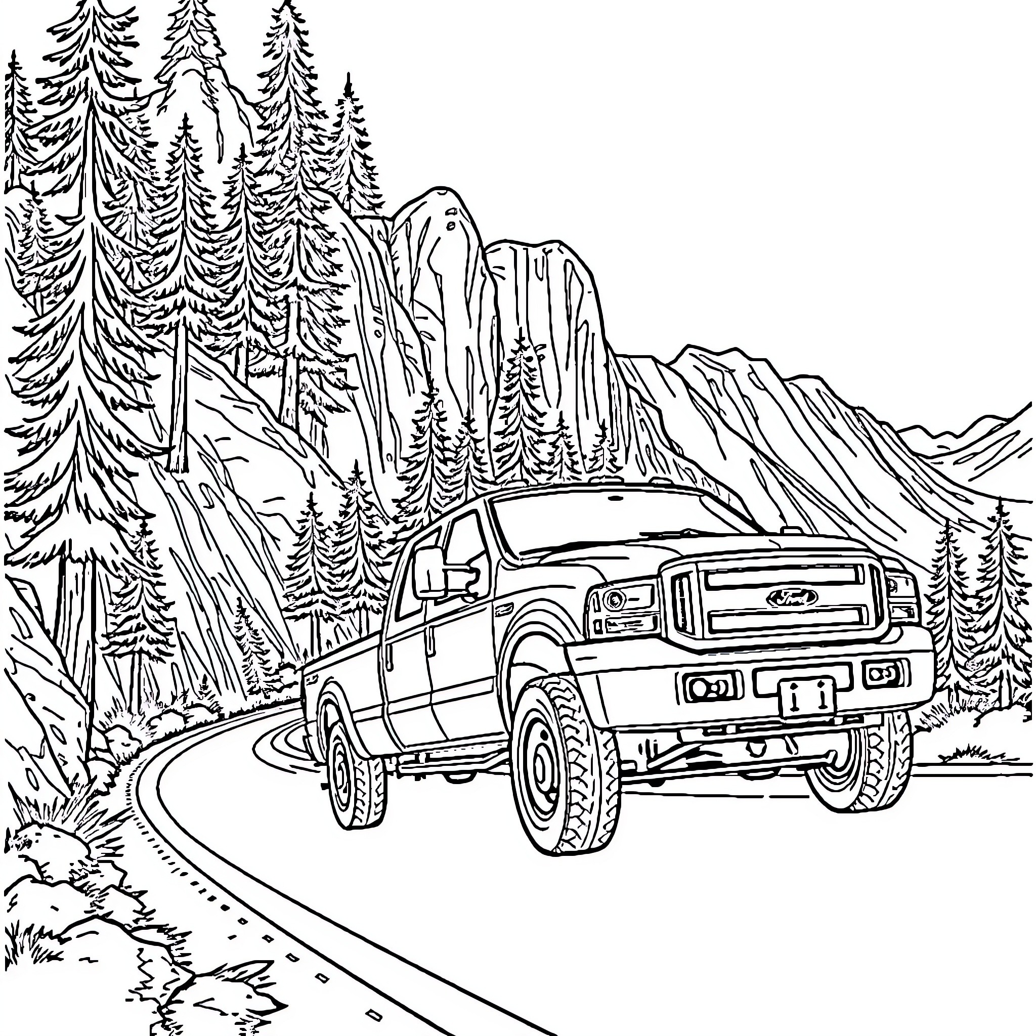 Ford F-250 Truck Navigating Mountain Terrain Coloring Page (free black-and-white line drawing printable PDF for all, from beginners to advanced learners, including children, teens, adults, and seniors)