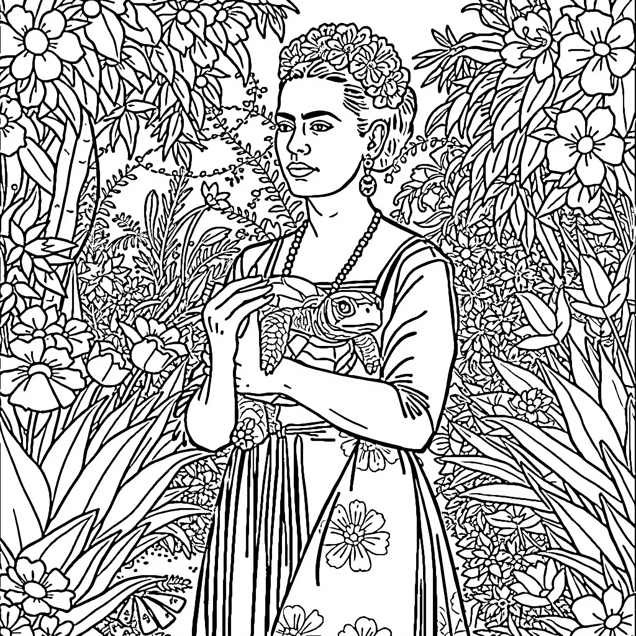 Frida Kahlo surrounded by vibrant floral scenery Coloring Page (free black-and-white line drawing printable PDF for all, from beginners to advanced learners, including children, teens, adults, and seniors)