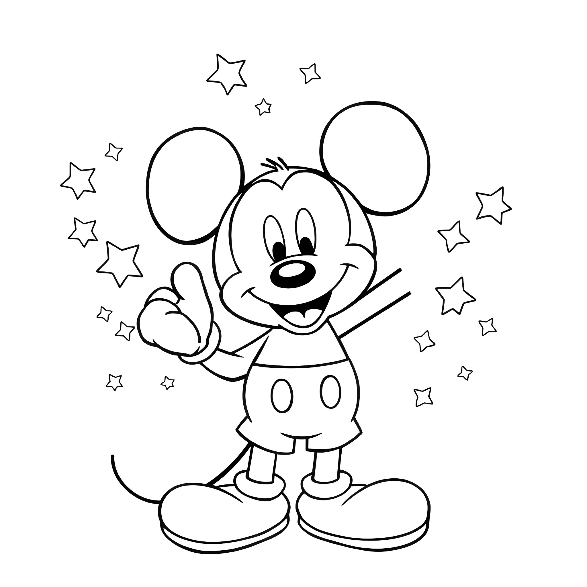 Mickey Mouse waving happily with stars Coloring Page (free black-and-white line drawing printable PDF for all, from beginners to advanced learners, including children, teens, adults, and seniors)
