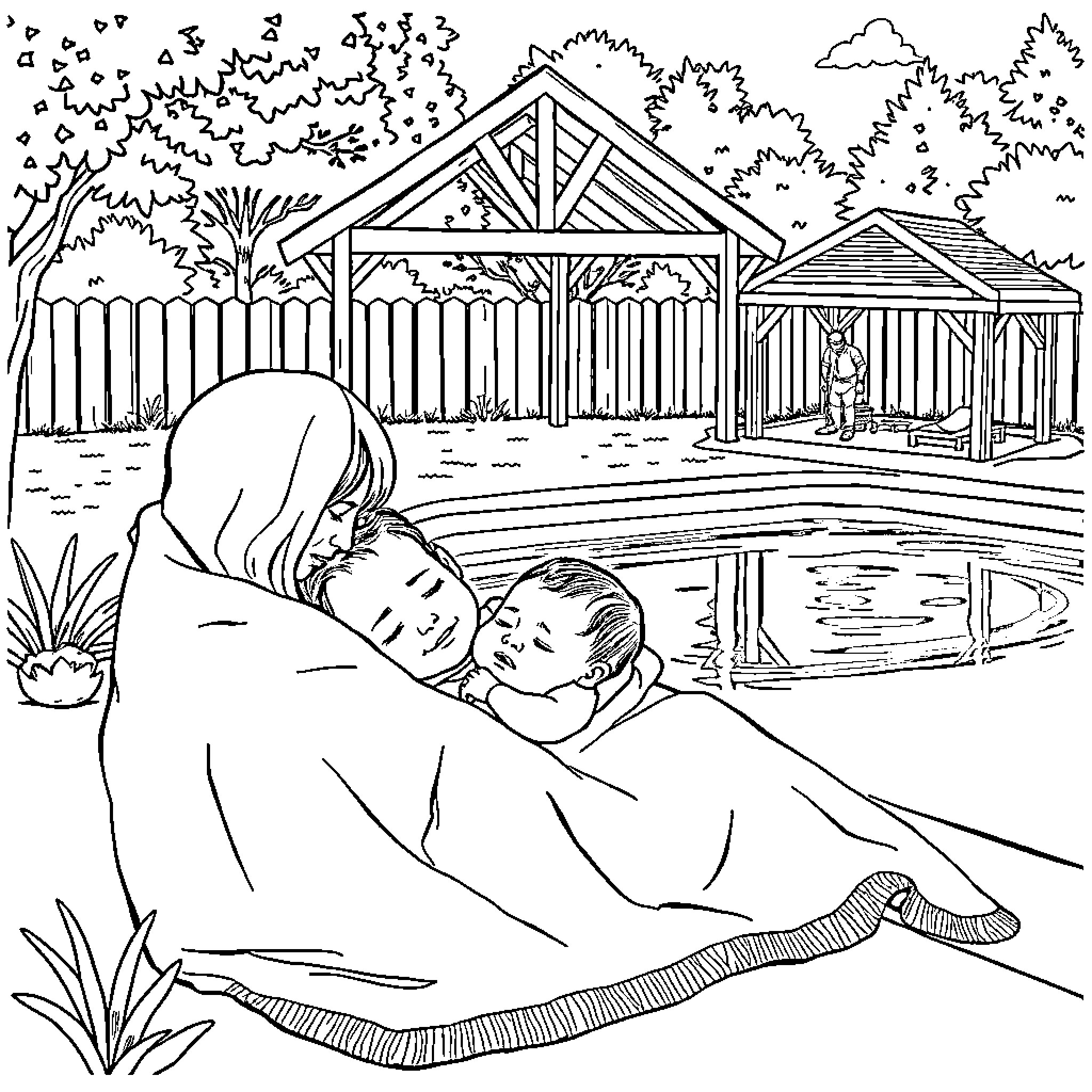 Baby napping peacefully in nature's embrace Coloring Page (free black-and-white line drawing printable PDF for all, from beginners to advanced learners, including children, teens, adults, and seniors)