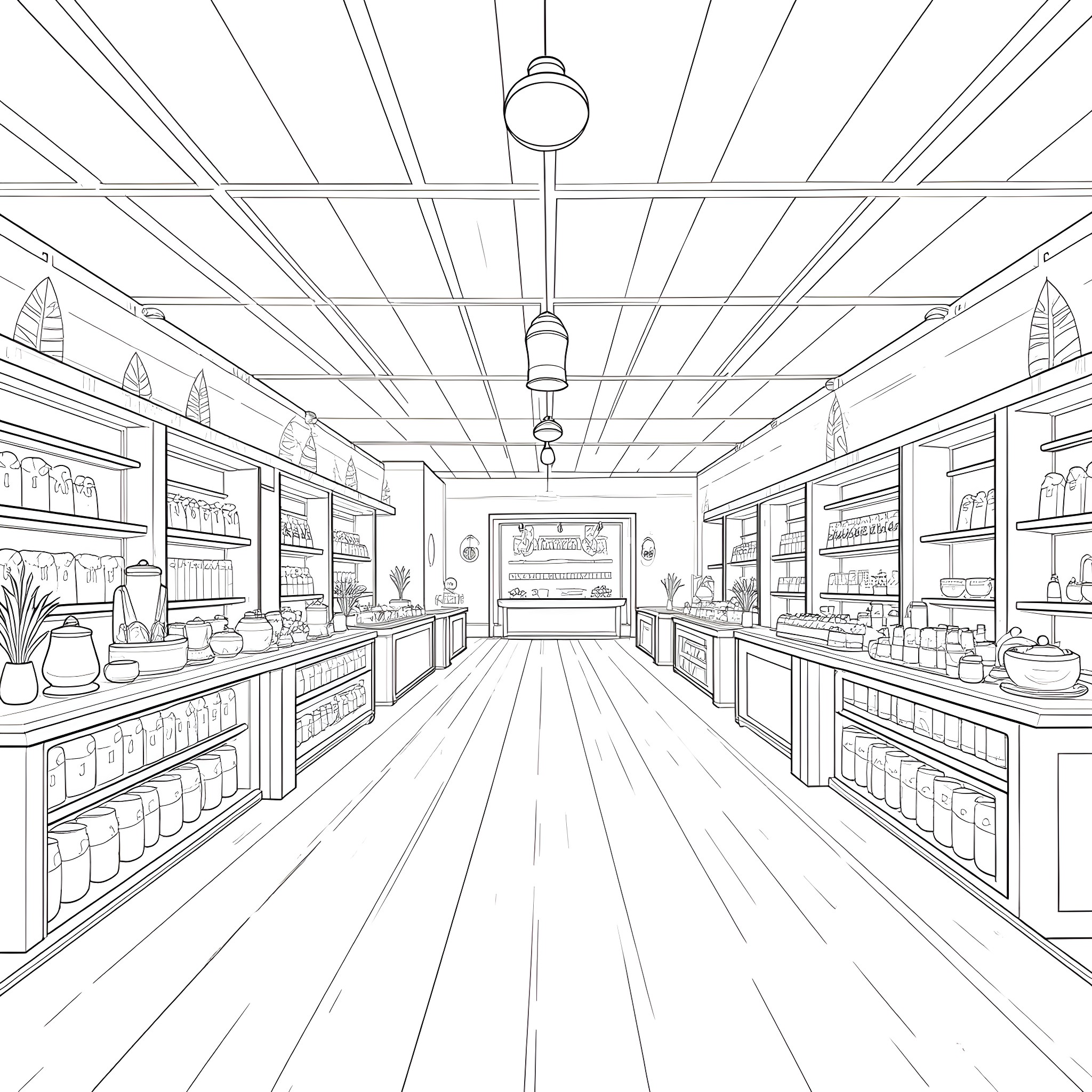 Ikea home goods store interior with shelves Coloring Page (free black-and-white line drawing printable PDF for all, from beginners to advanced learners, including children, teens, adults, and seniors)