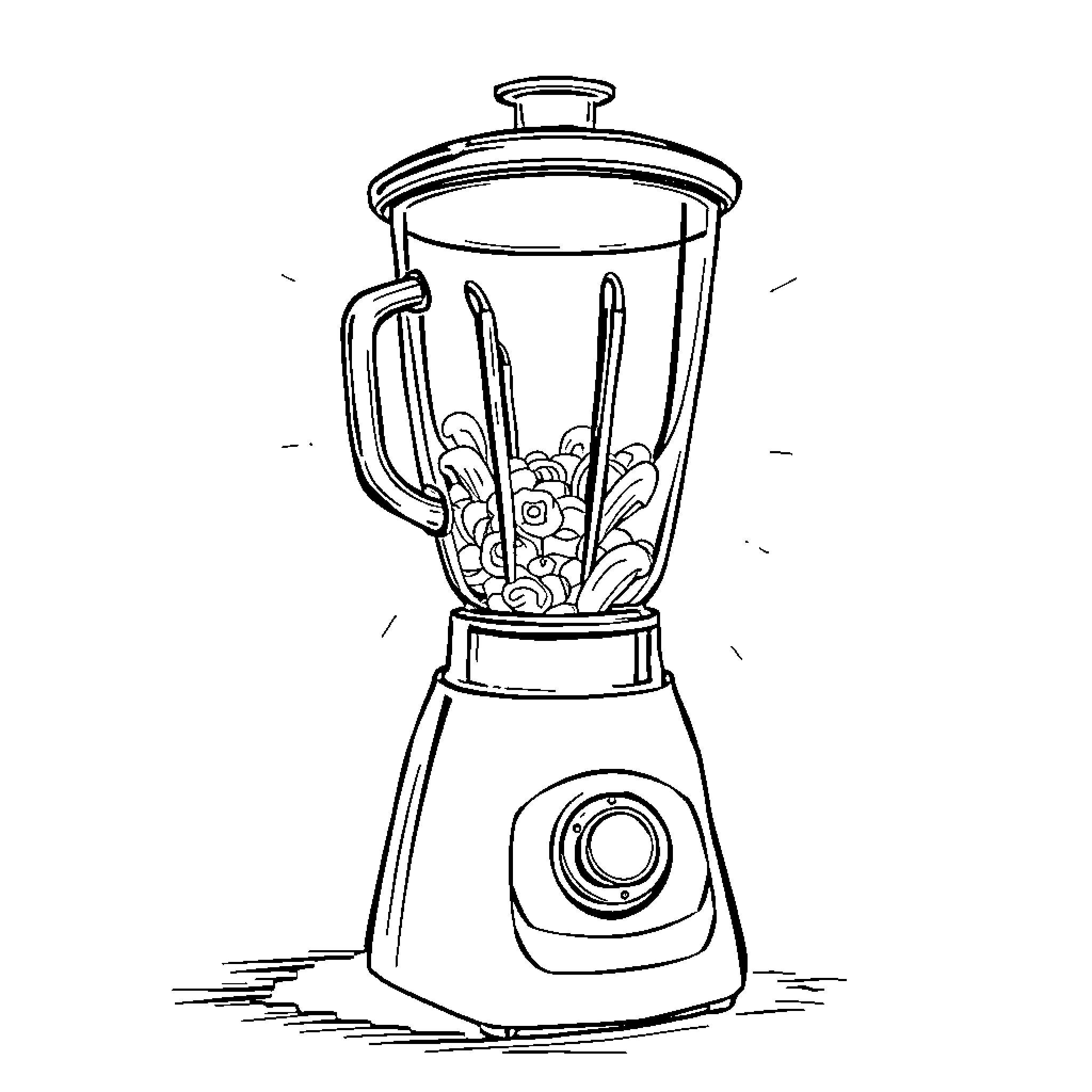 Blender mixing various ingredients Coloring Page (free black-and-white line drawing printable PDF for all, from beginners to advanced learners, including children, teens, adults, and seniors)