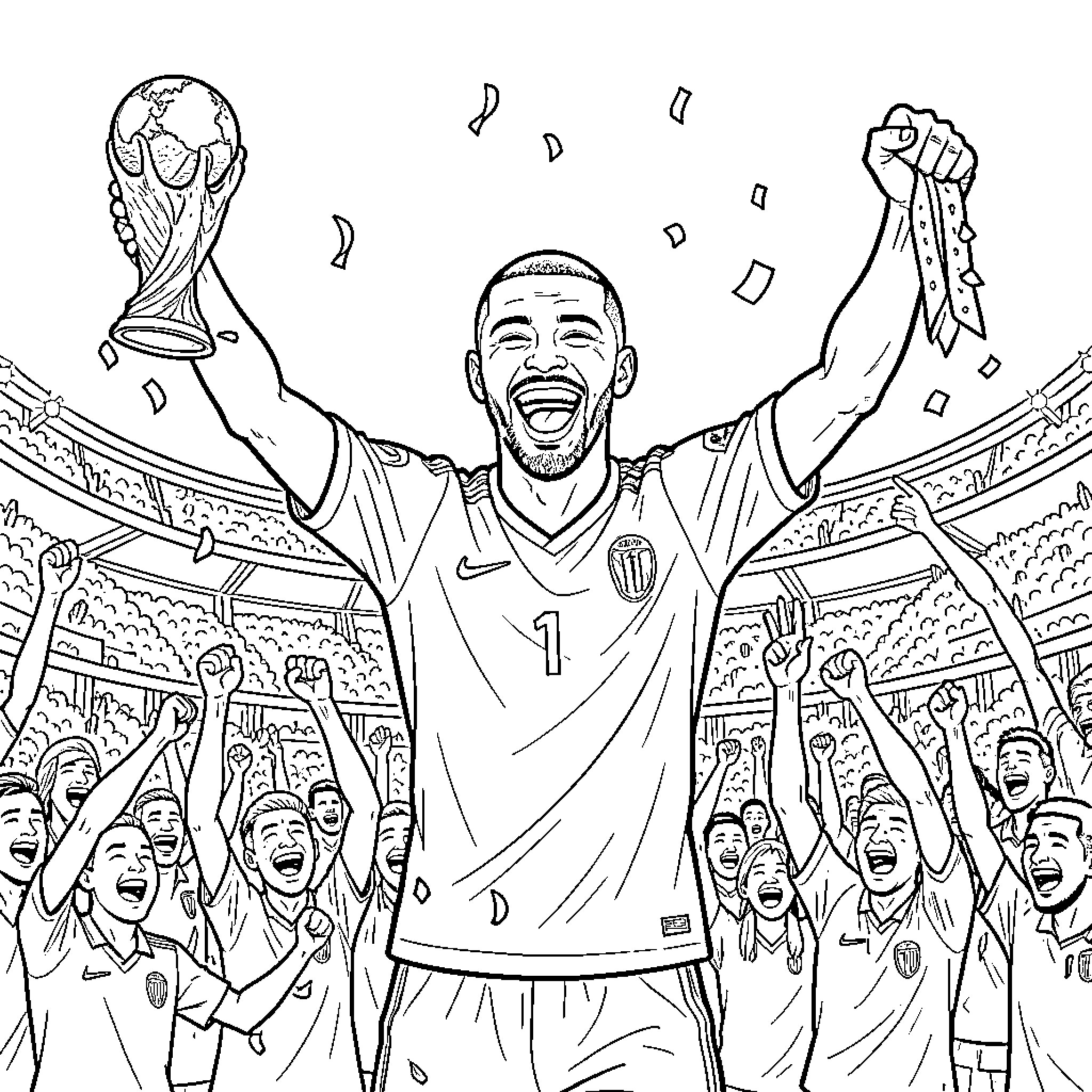 Mbappe celebrating a victory while holding a trophy Coloring Page (free black-and-white line drawing printable PDF for all, from beginners to advanced learners, including children, teens, adults, and seniors)