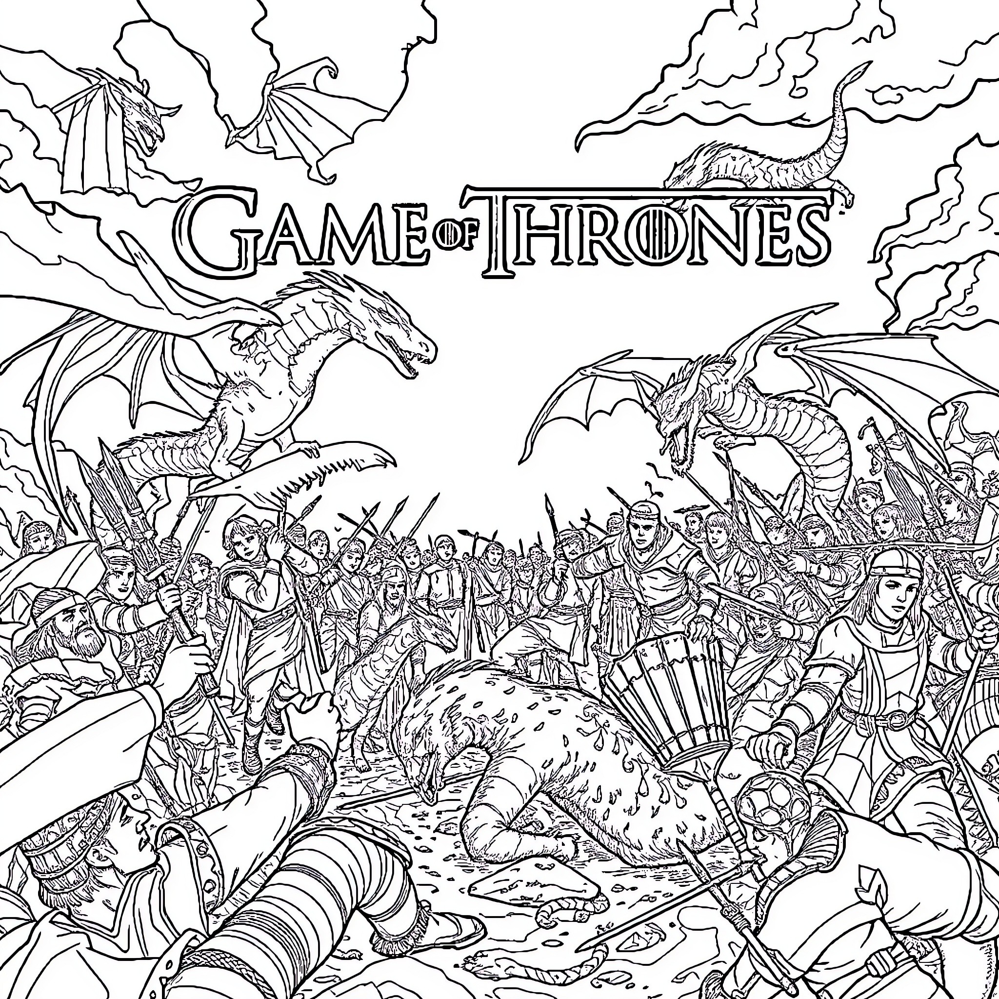 Game of Thrones - Epic Battle of Mythical Creatures Coloring Page (free black-and-white line drawing printable PDF for all, from beginners to advanced learners, including children, teens, adults, and seniors)
