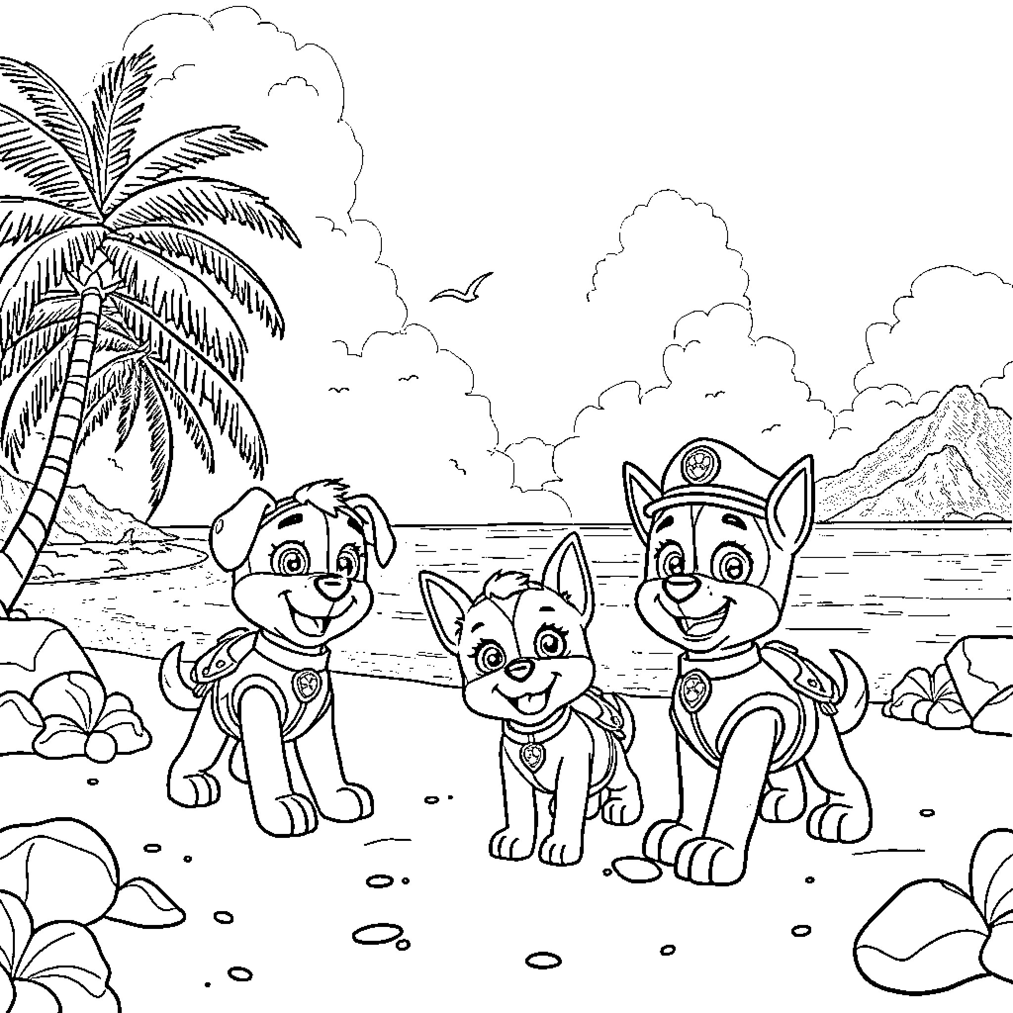 Paw Patrol on a Tropical Beach Adventure Coloring Page (free black-and-white line drawing printable PDF for all, from beginners to advanced learners, including children, teens, adults, and seniors)