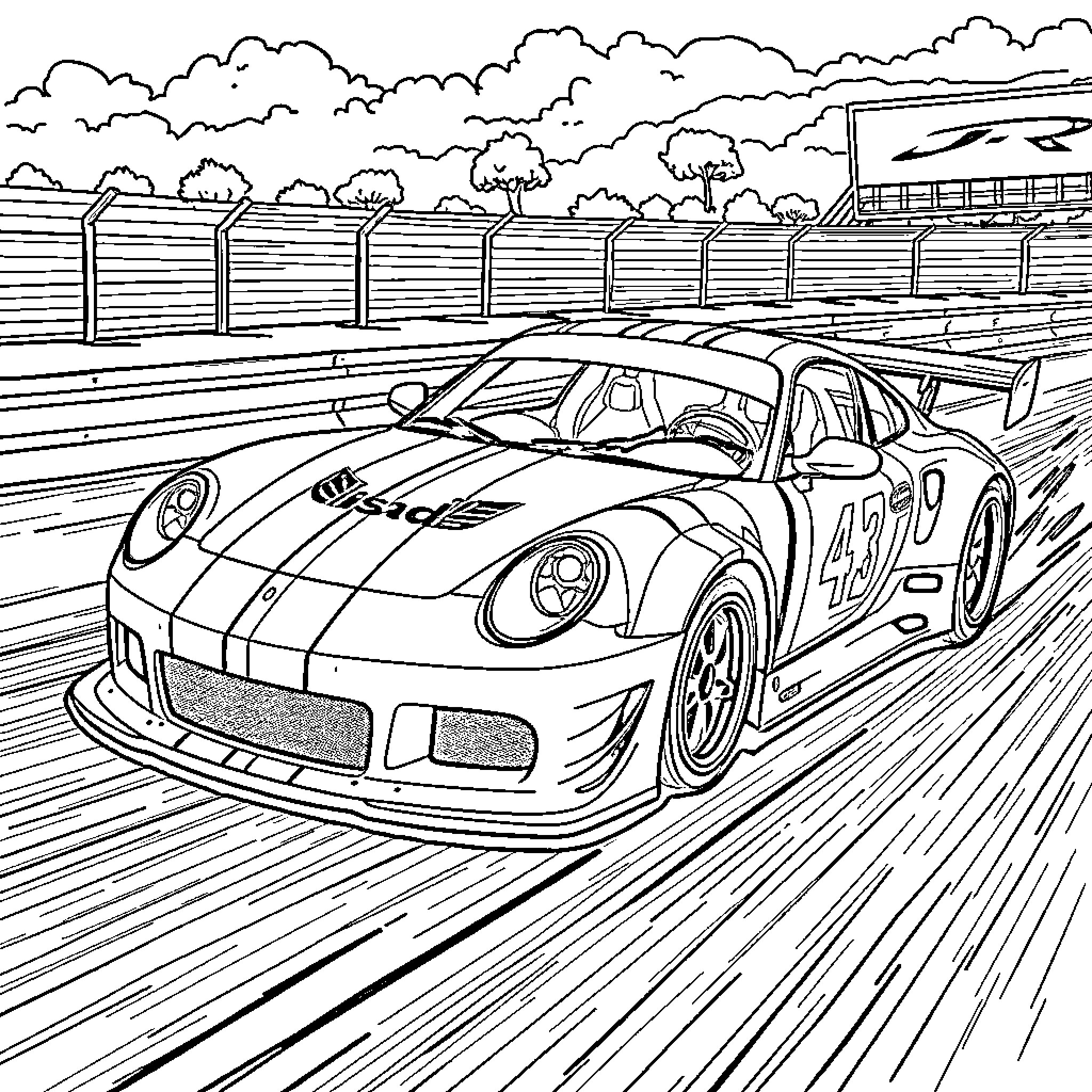 Asada Racer on the Race Track Coloring Page (free black-and-white line drawing printable PDF for all, from beginners to advanced learners, including children, teens, adults, and seniors)