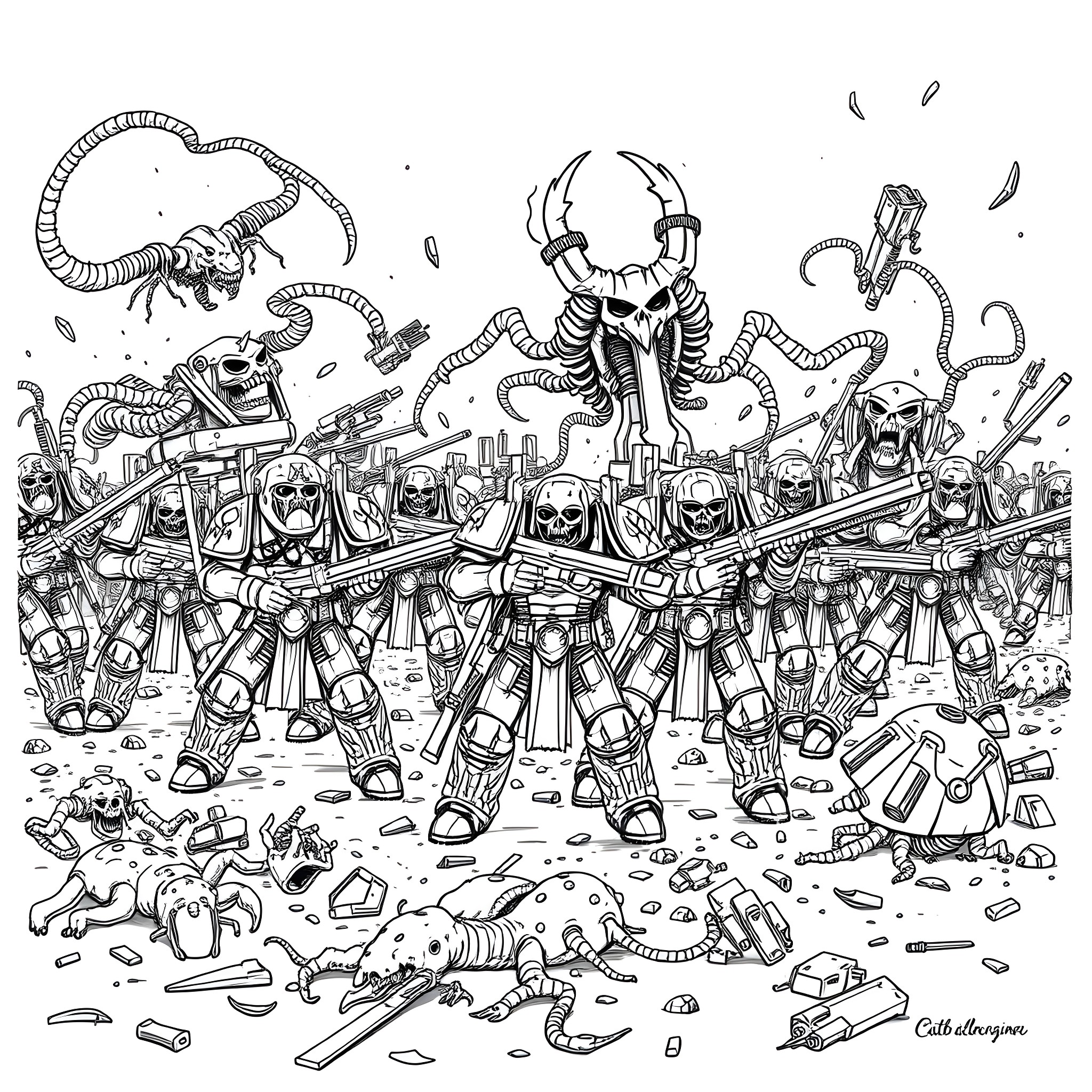 Ultramarine Warriors Dominating the Battlefield Coloring Page (free black-and-white line drawing printable PDF for all, from beginners to advanced learners, including children, teens, adults, and seniors)