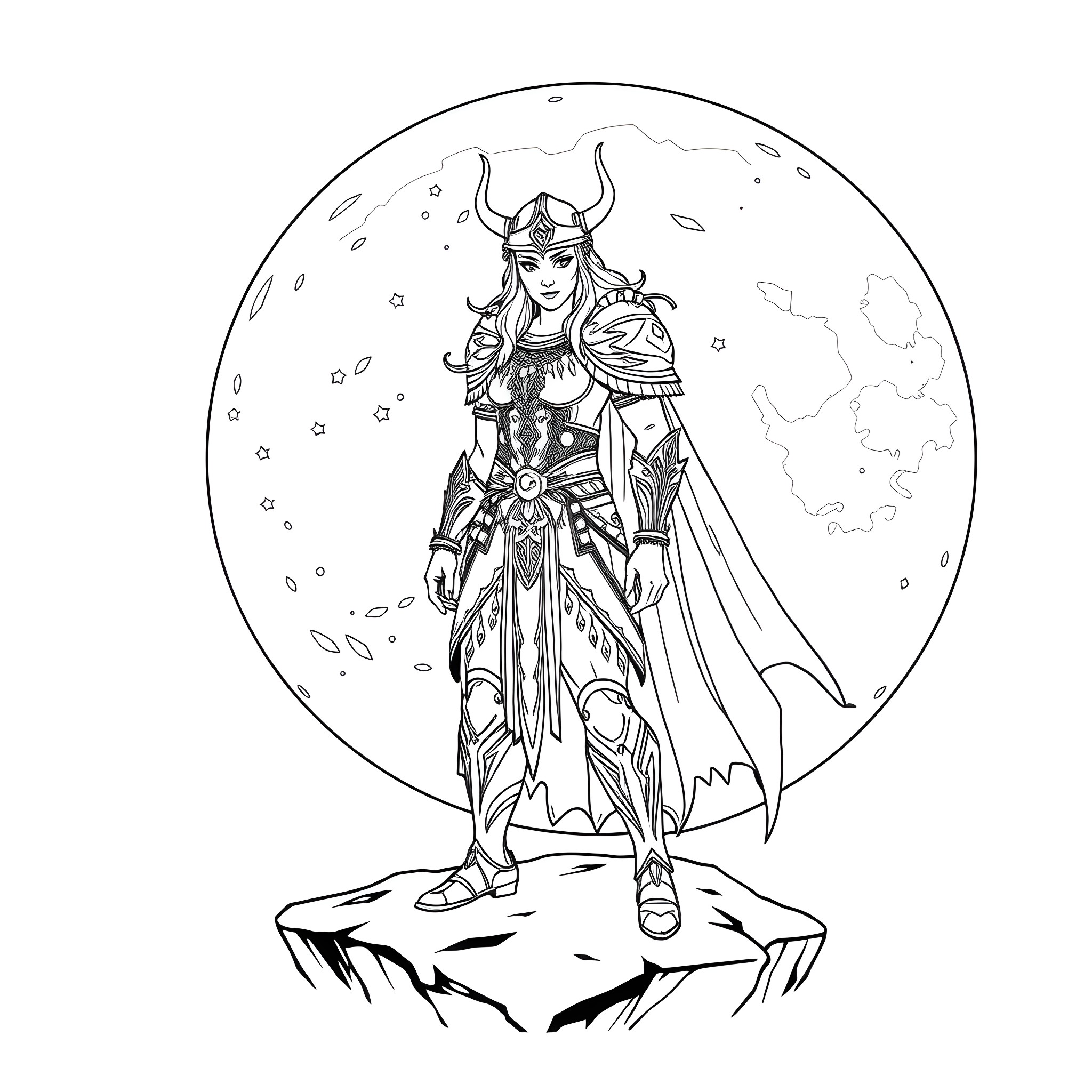 Viking Princess Wielding Sword under the Moonlight Coloring Page (free black-and-white line drawing printable PDF for all, from beginners to advanced learners, including children, teens, adults, and seniors)