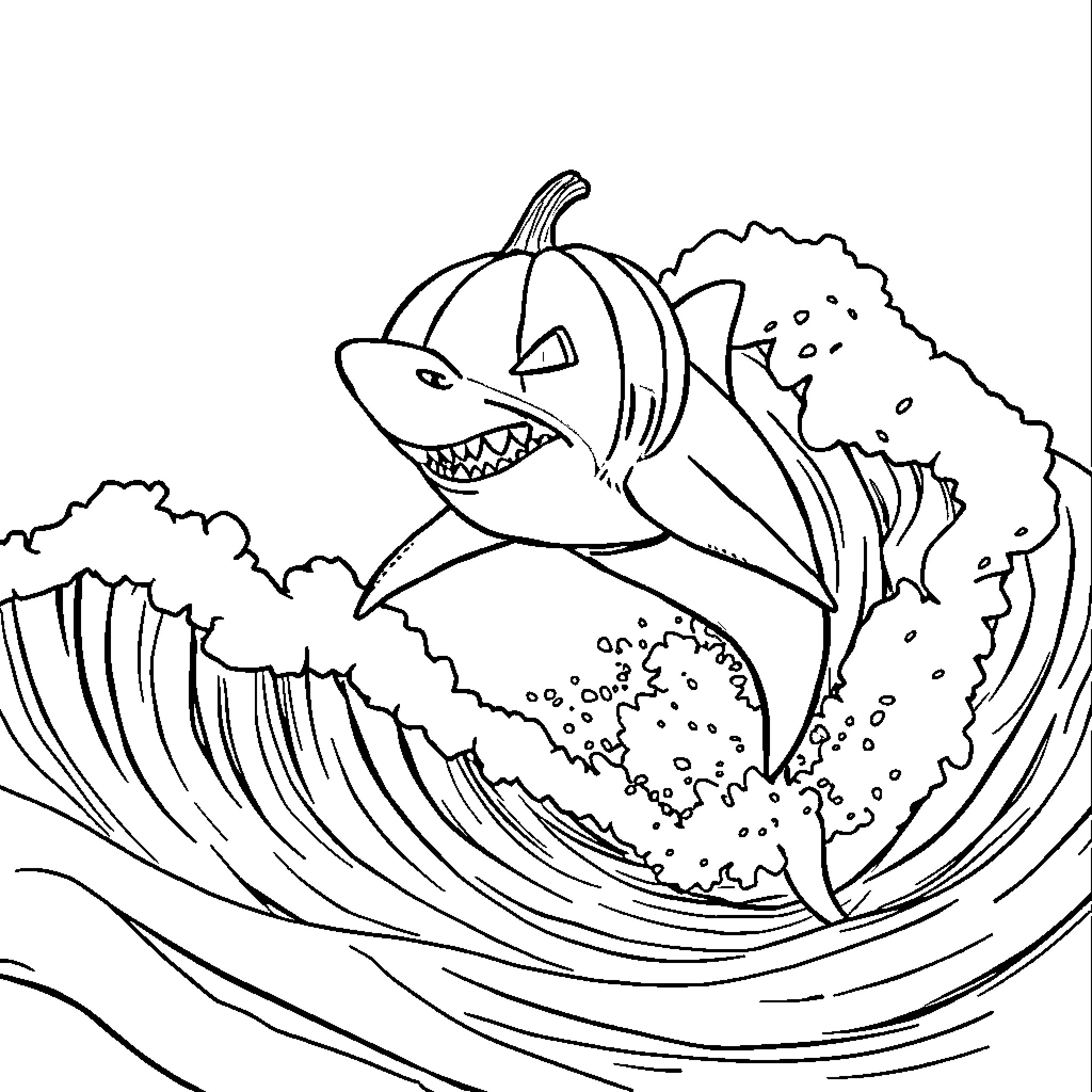 Shark jumping through crashing waves Coloring Page (free black-and-white line drawing printable PDF for all, from beginners to advanced learners, including children, teens, adults, and seniors)