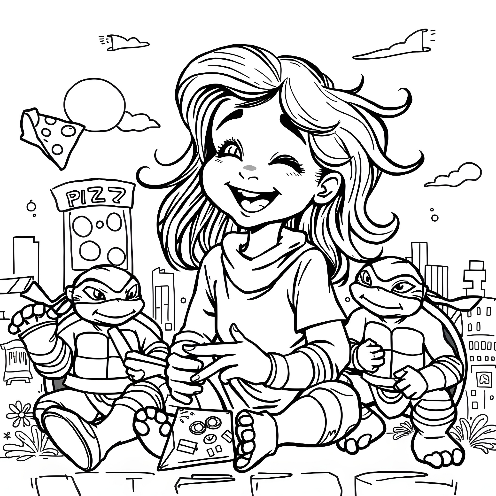 Girl enjoying pizza with cute animal friends Coloring Page (free black-and-white line drawing printable PDF for all, from beginners to advanced learners, including children, teens, adults, and seniors)