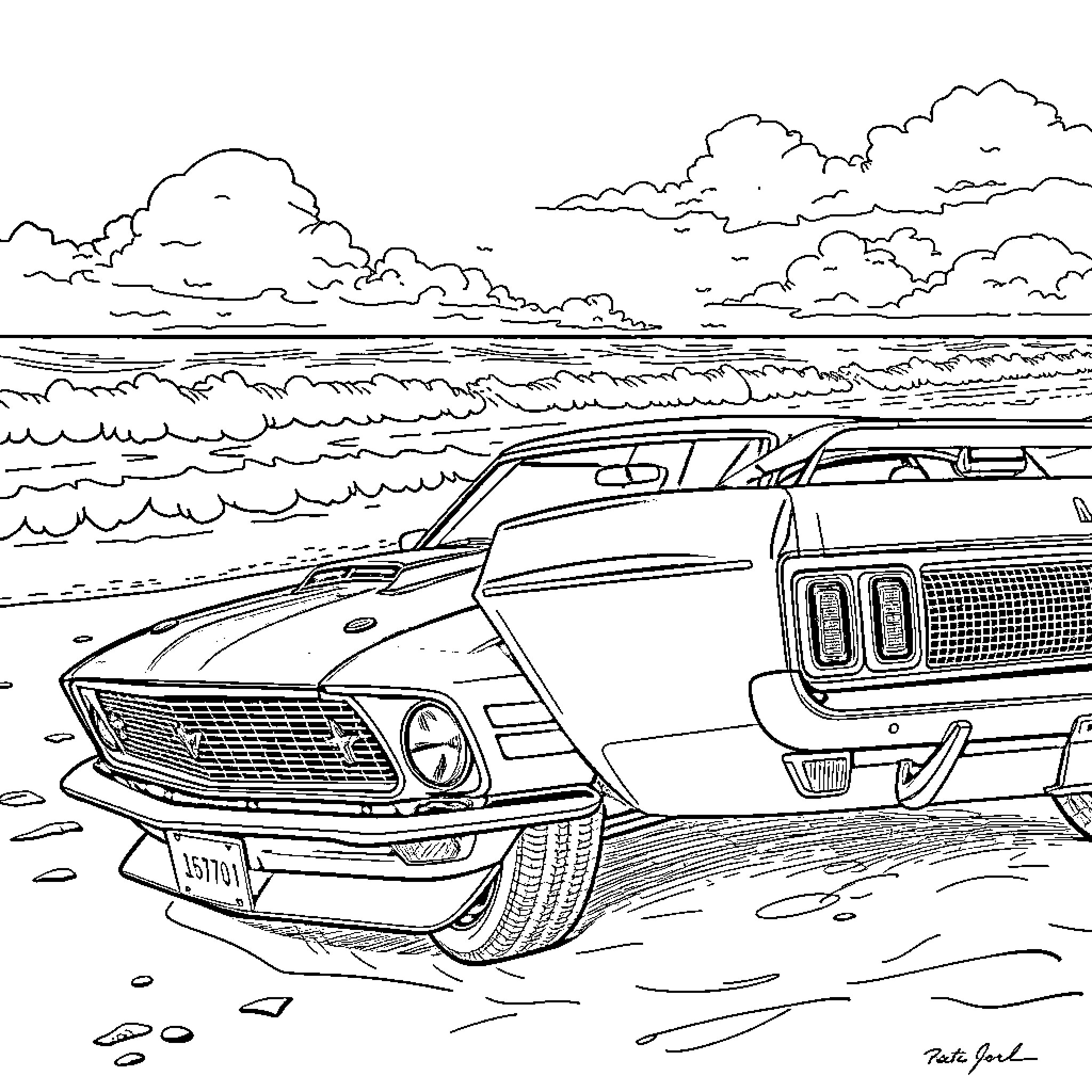 Mustang muscle car racing through waves Coloring Page (free black-and-white line drawing printable PDF for all, from beginners to advanced learners, including children, teens, adults, and seniors)