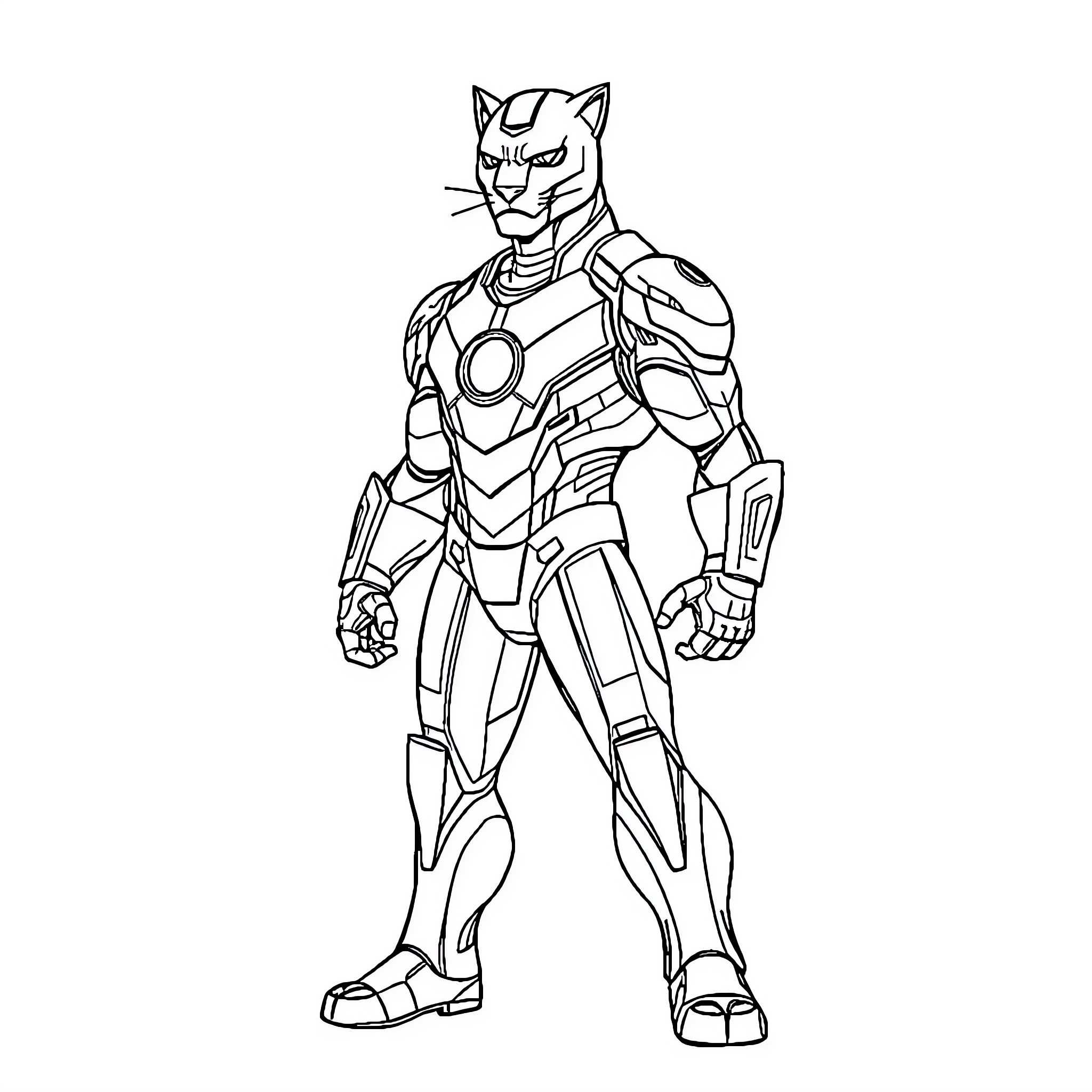 Panther warrior in advanced battle gear Coloring Page (free black-and-white line drawing printable PDF for all, from beginners to advanced learners, including children, teens, adults, and seniors)