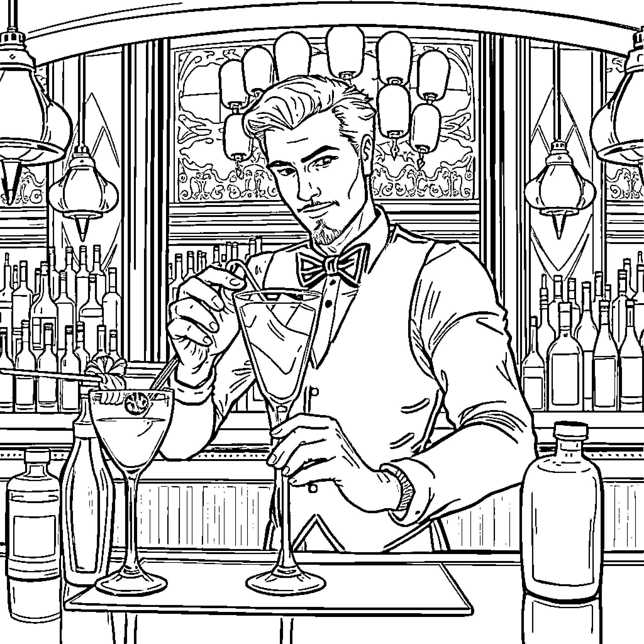 Bartender mixing drinks in a stylish cocktail lounge Coloring Page (free black-and-white line drawing printable PDF for all, from beginners to advanced learners, including children, teens, adults, and seniors)
