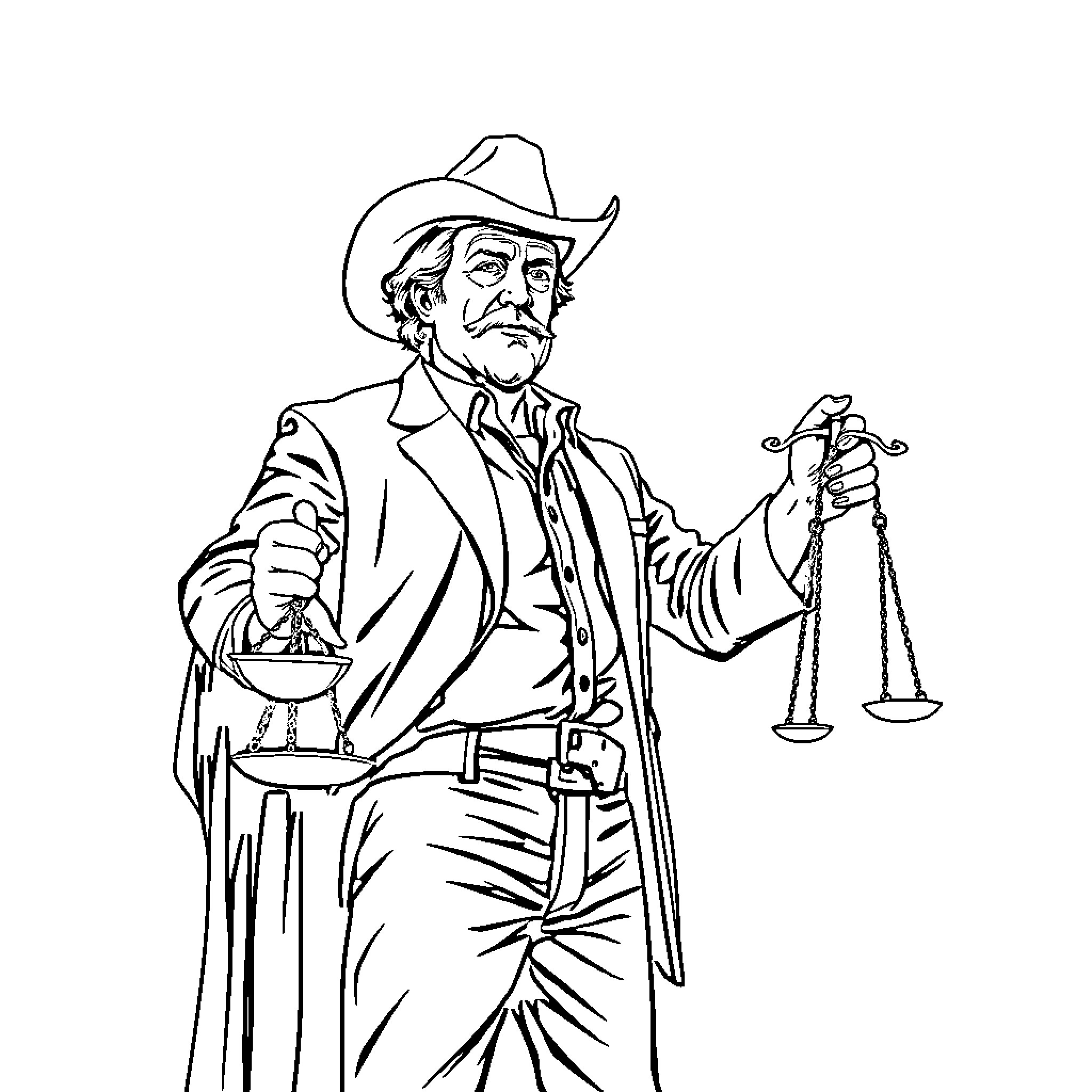 Roy McMurtry in the Courtroom, Weighing Justice Coloring Page (free black-and-white line drawing printable PDF for all, from beginners to advanced learners, including children, teens, adults, and seniors)