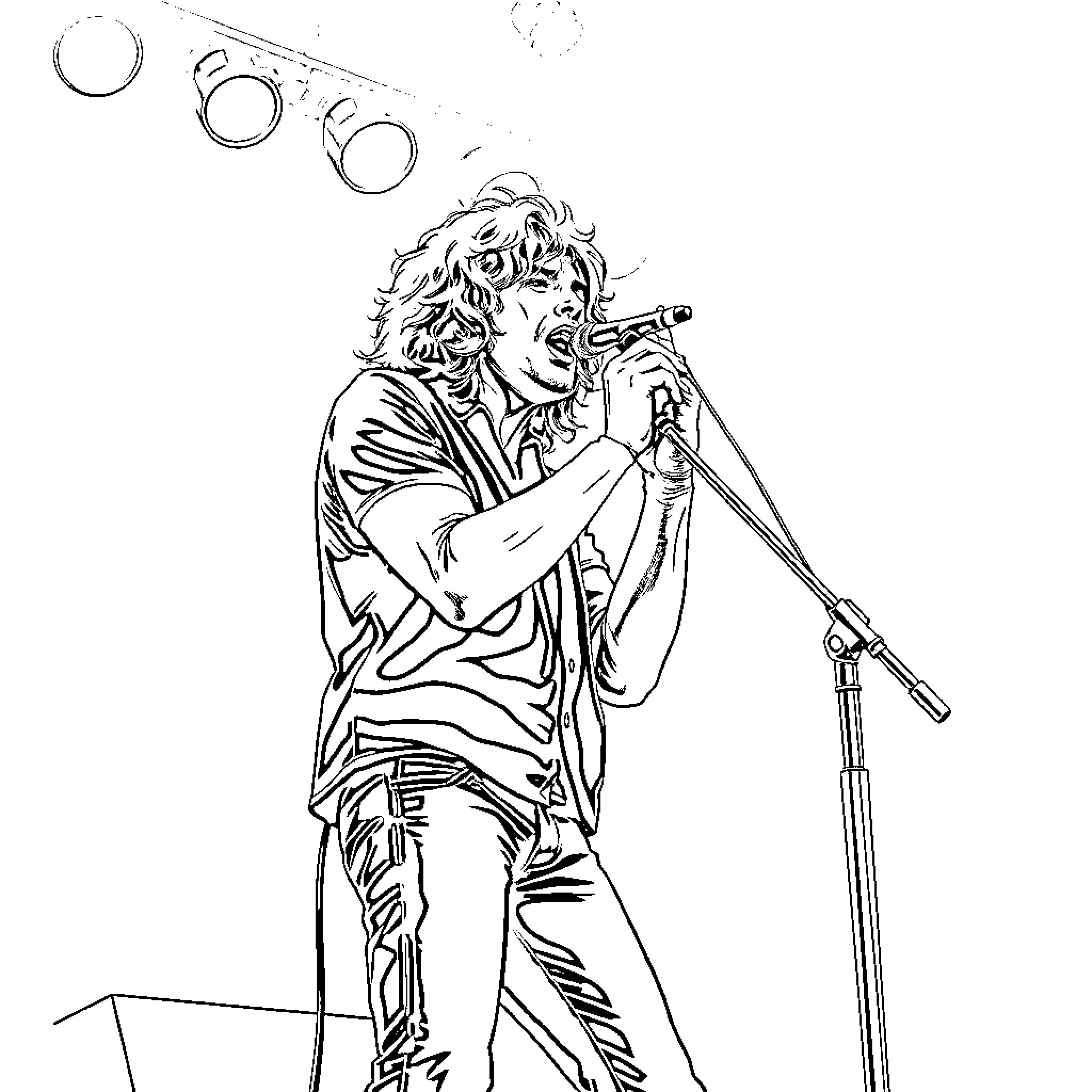 Jim Morrison performing on stage with microphone Coloring Page (free black-and-white line drawing printable PDF for all, from beginners to advanced learners, including children, teens, adults, and seniors)