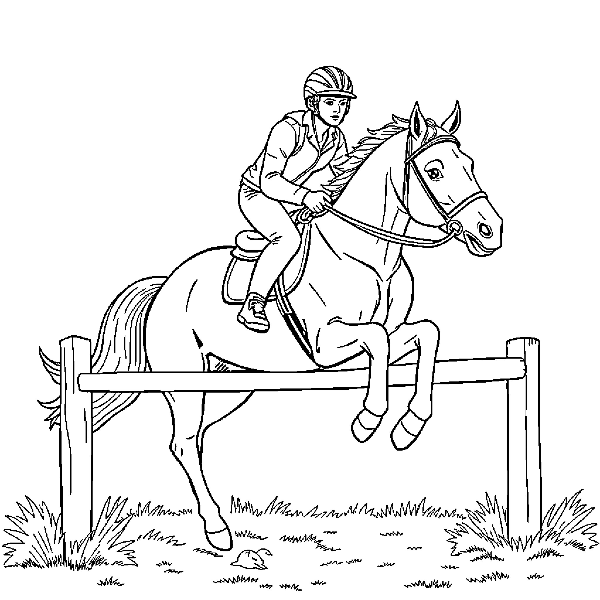 Rider leaping over obstacle on horseback Coloring Page (free black-and-white line drawing printable PDF for all, from beginners to advanced learners, including children, teens, adults, and seniors)