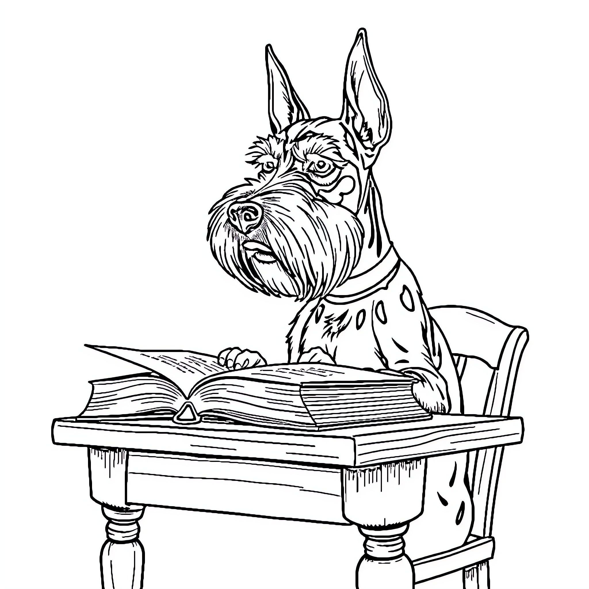 Schnauzer reading a book on the desk Coloring Page (free black-and-white line drawing printable PDF for all, from beginners to advanced learners, including children, teens, adults, and seniors)