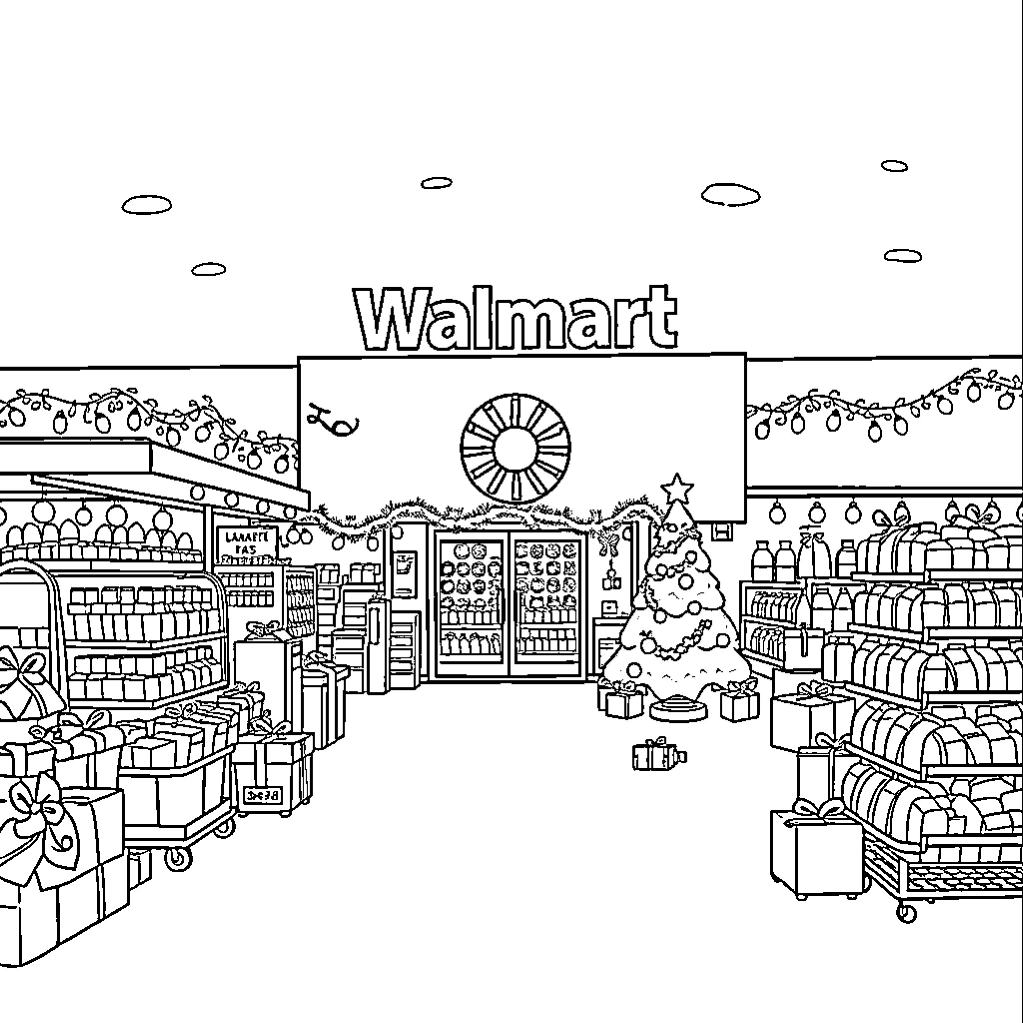 Walmart shopping scene with holiday decorations Coloring Page (free black-and-white line drawing printable PDF for all, from beginners to advanced learners, including children, teens, adults, and seniors)