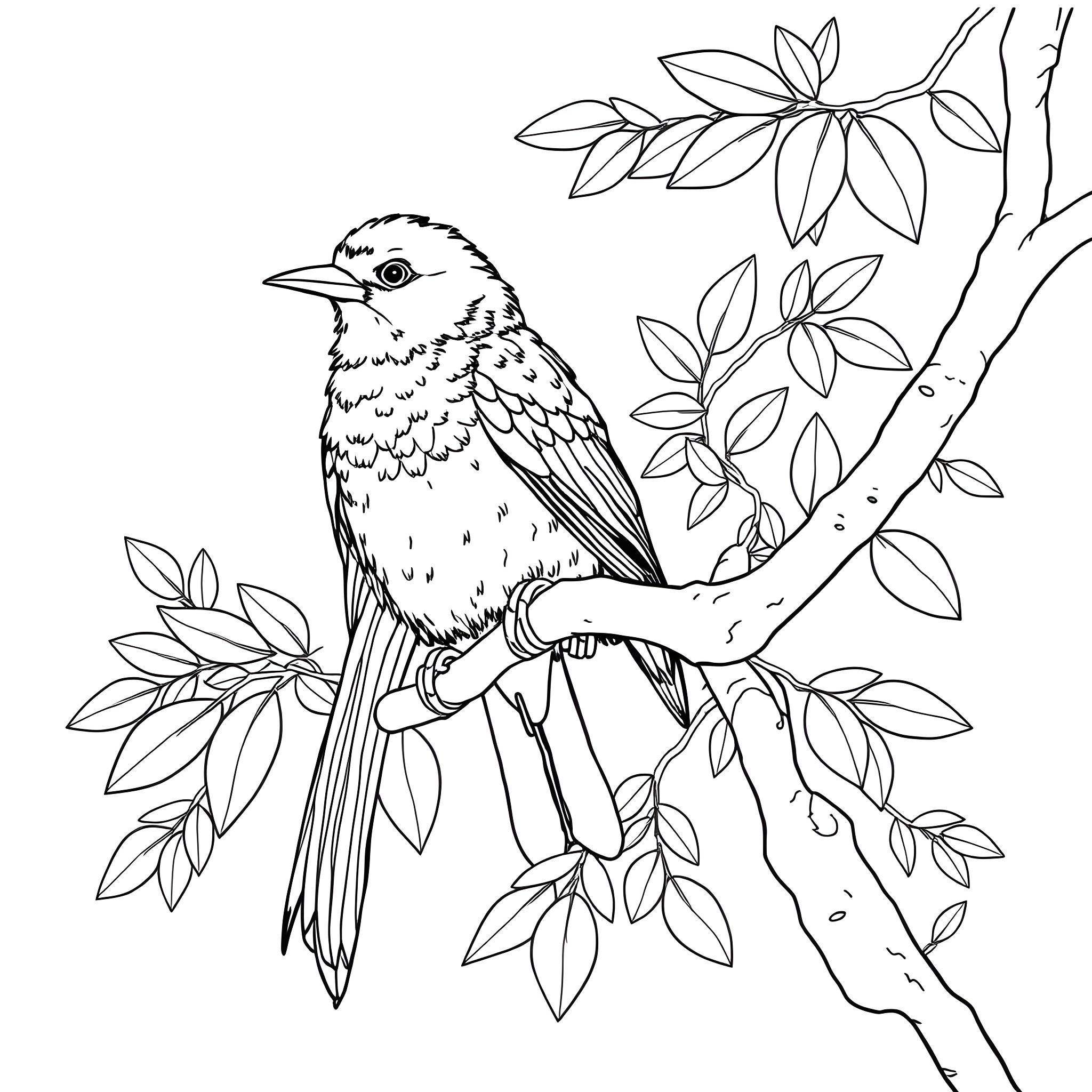 Passerina bird perched on a leafy branch Coloring Page (free black-and-white line drawing printable PDF for all, from beginners to advanced learners, including children, teens, adults, and seniors)