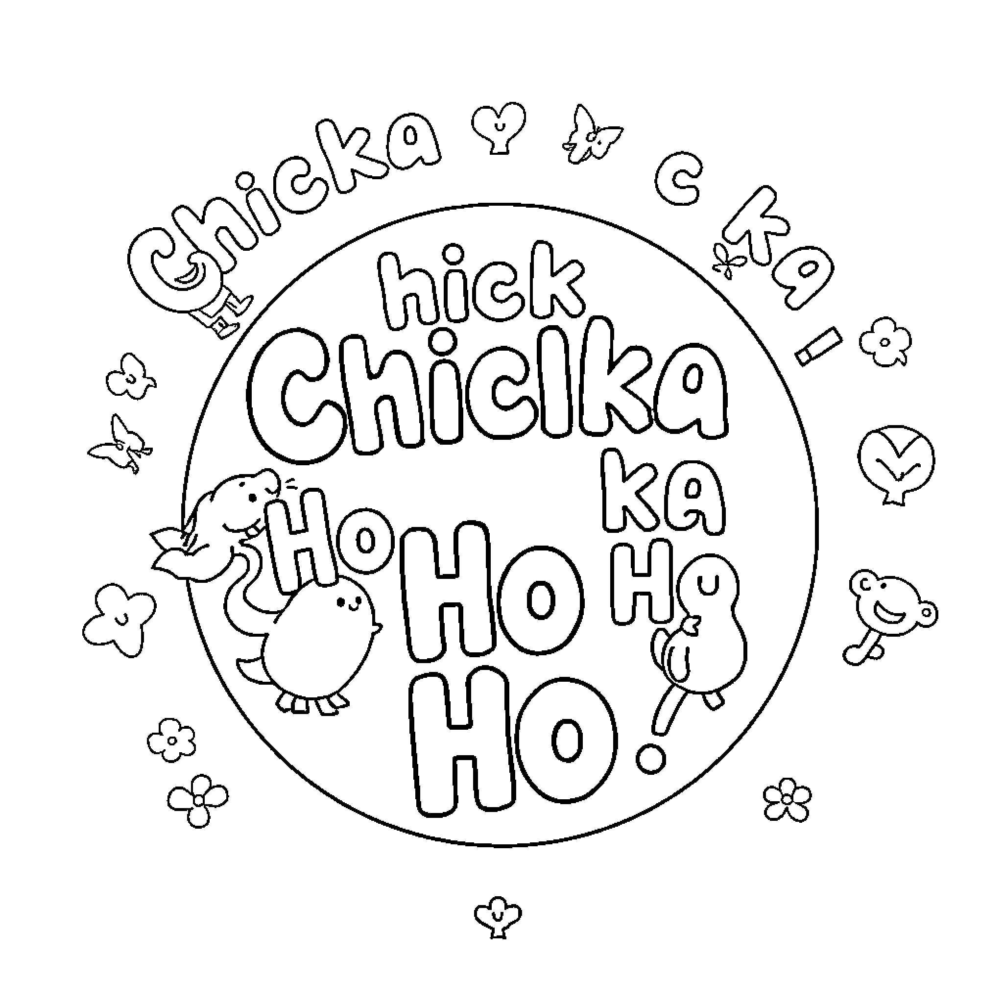 Chicka friends having fun with hoho Coloring Page (free black-and-white line drawing printable PDF for all, from beginners to advanced learners, including children, teens, adults, and seniors)