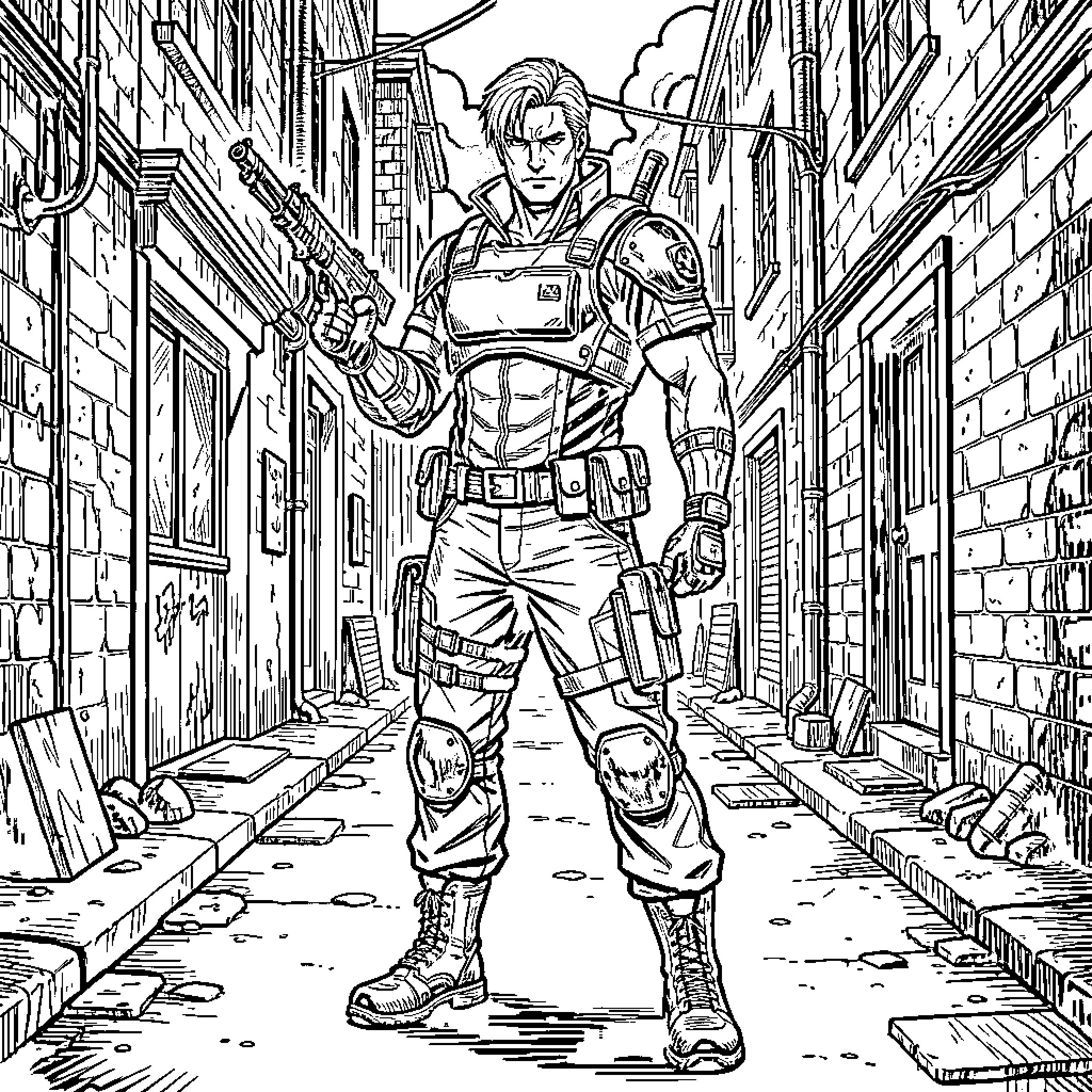 Leon's Tactical Prowess in the Urban Alley Coloring Page (free black-and-white line drawing printable PDF for all, from beginners to advanced learners, including children, teens, adults, and seniors)