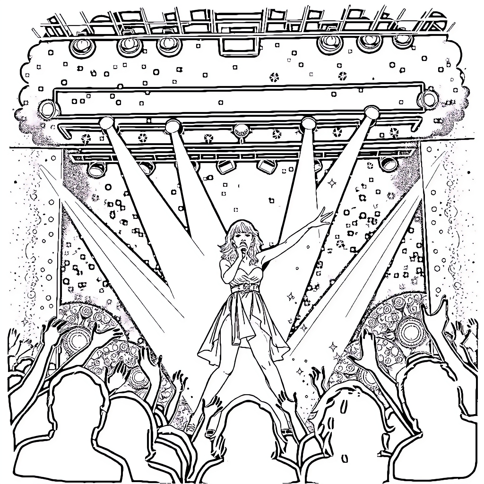 Taylor Swift's energetic concert performance Coloring Page (free black-and-white line drawing printable PDF for all, from beginners to advanced learners, including children, teens, adults, and seniors)