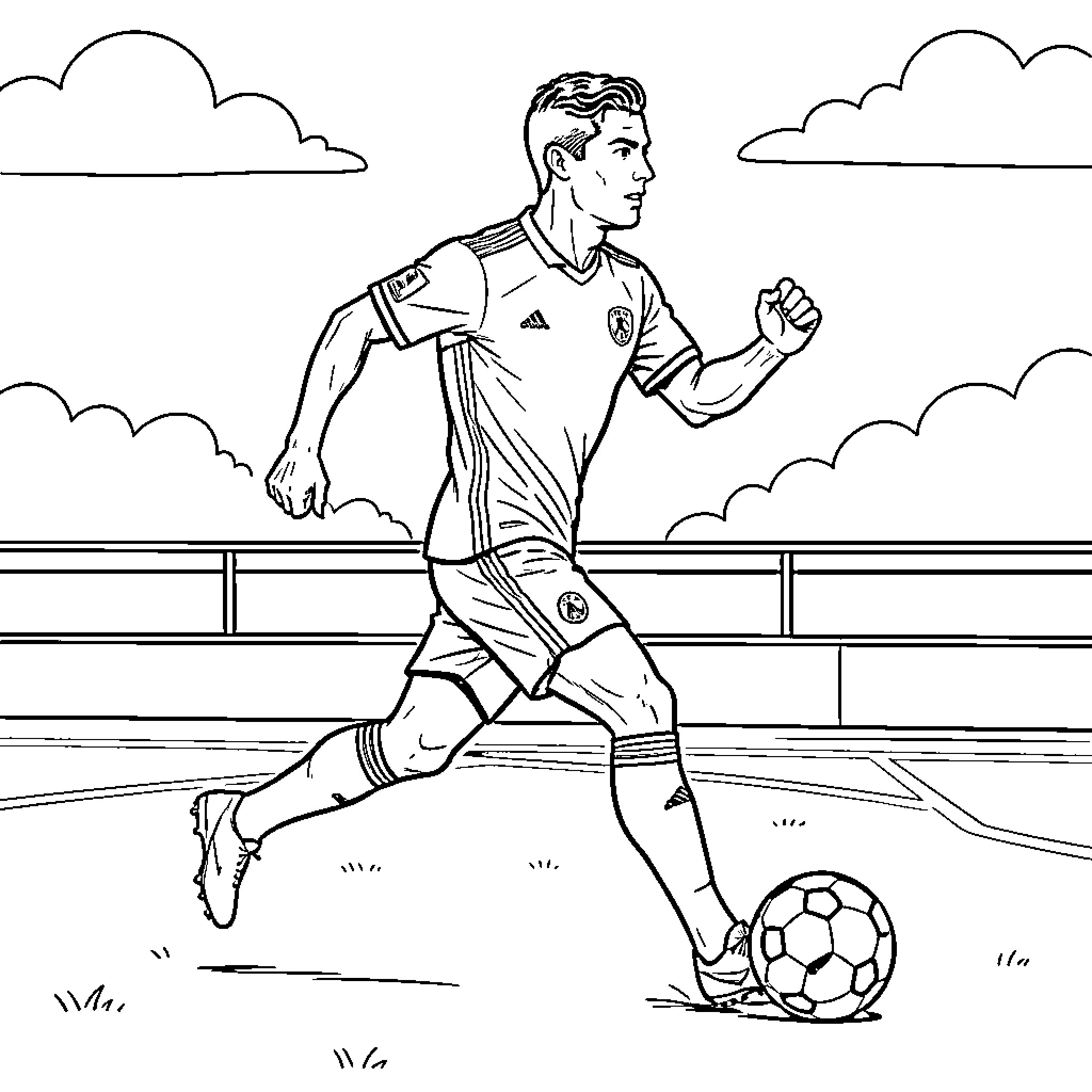 Ronaldo playing soccer on the field Coloring Page (free black-and-white line drawing printable PDF for all, from beginners to advanced learners, including children, teens, adults, and seniors)