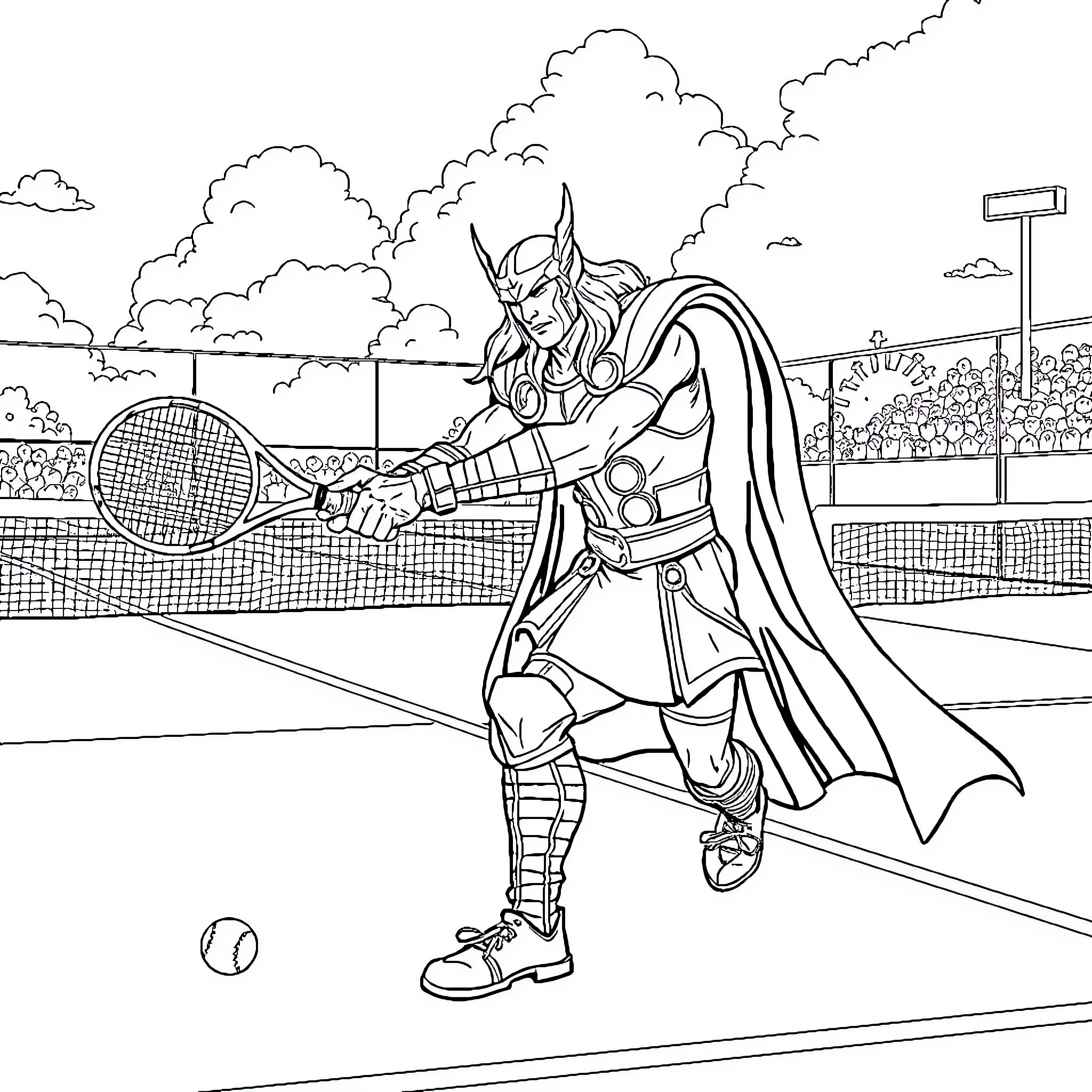 Thor Playing Tennis on the Court Coloring Page (free black-and-white line drawing printable PDF for all, from beginners to advanced learners, including children, teens, adults, and seniors)