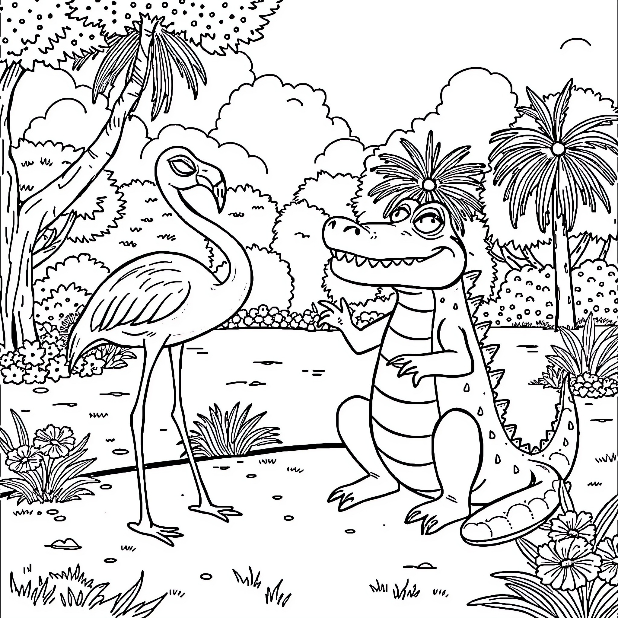 Flamingo and Crocodile Encounter in Tropical Garden Coloring Page (free black-and-white line drawing printable PDF for all, from beginners to advanced learners, including children, teens, adults, and seniors)