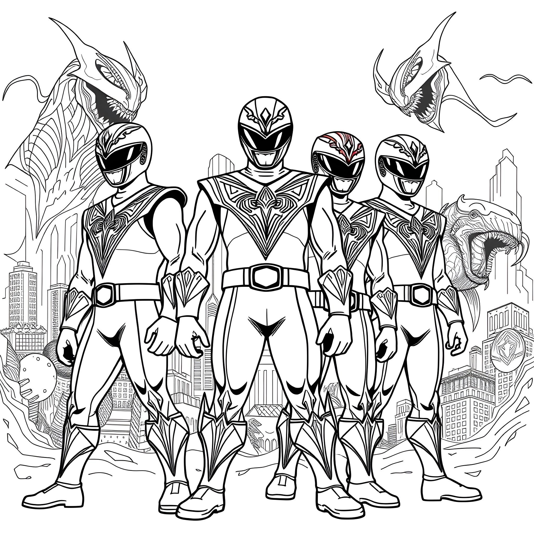 Power Rangers Defending the City Coloring Page (free black-and-white line drawing printable PDF for all, from beginners to advanced learners, including children, teens, adults, and seniors)