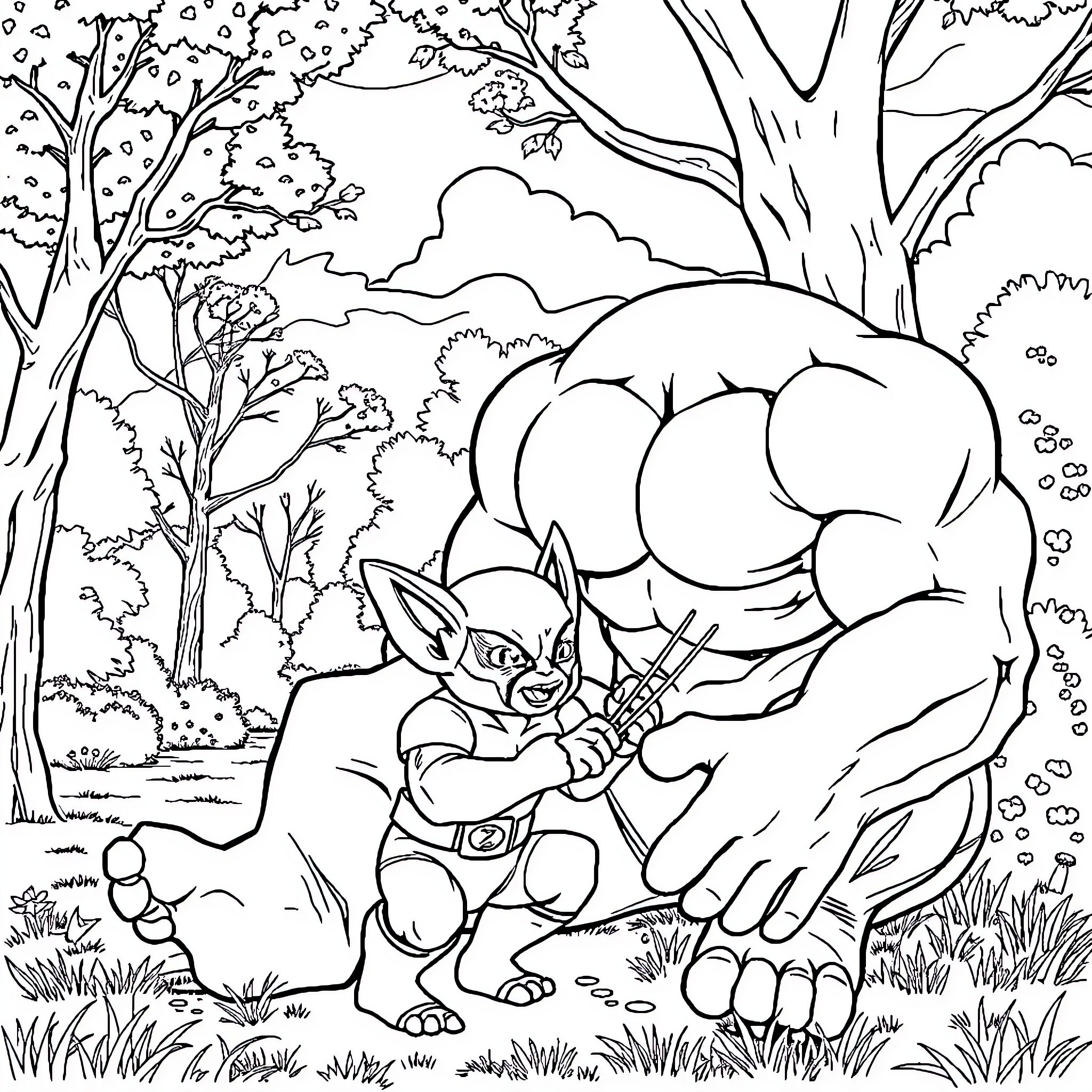 Hulk Smash! Fierce Creature Battling in Nature Coloring Page (free black-and-white line drawing printable PDF for all, from beginners to advanced learners, including children, teens, adults, and seniors)