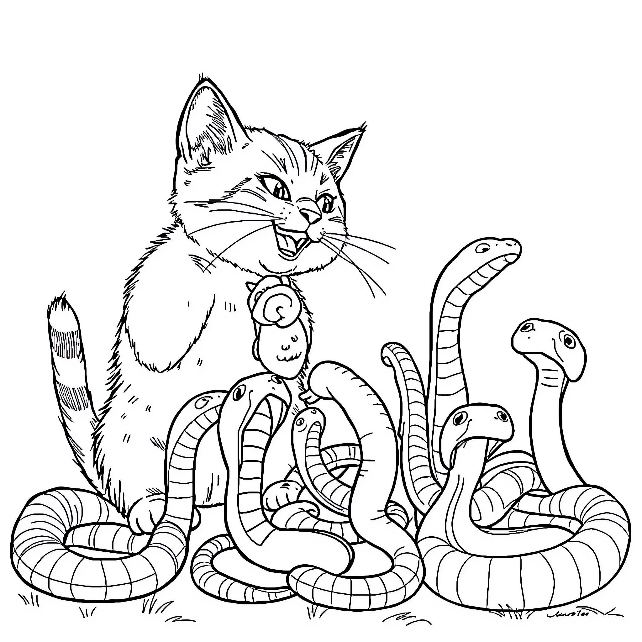 Cat confronting snakes in the wild Coloring Page (free black-and-white line drawing printable PDF for all, from beginners to advanced learners, including children, teens, adults, and seniors)