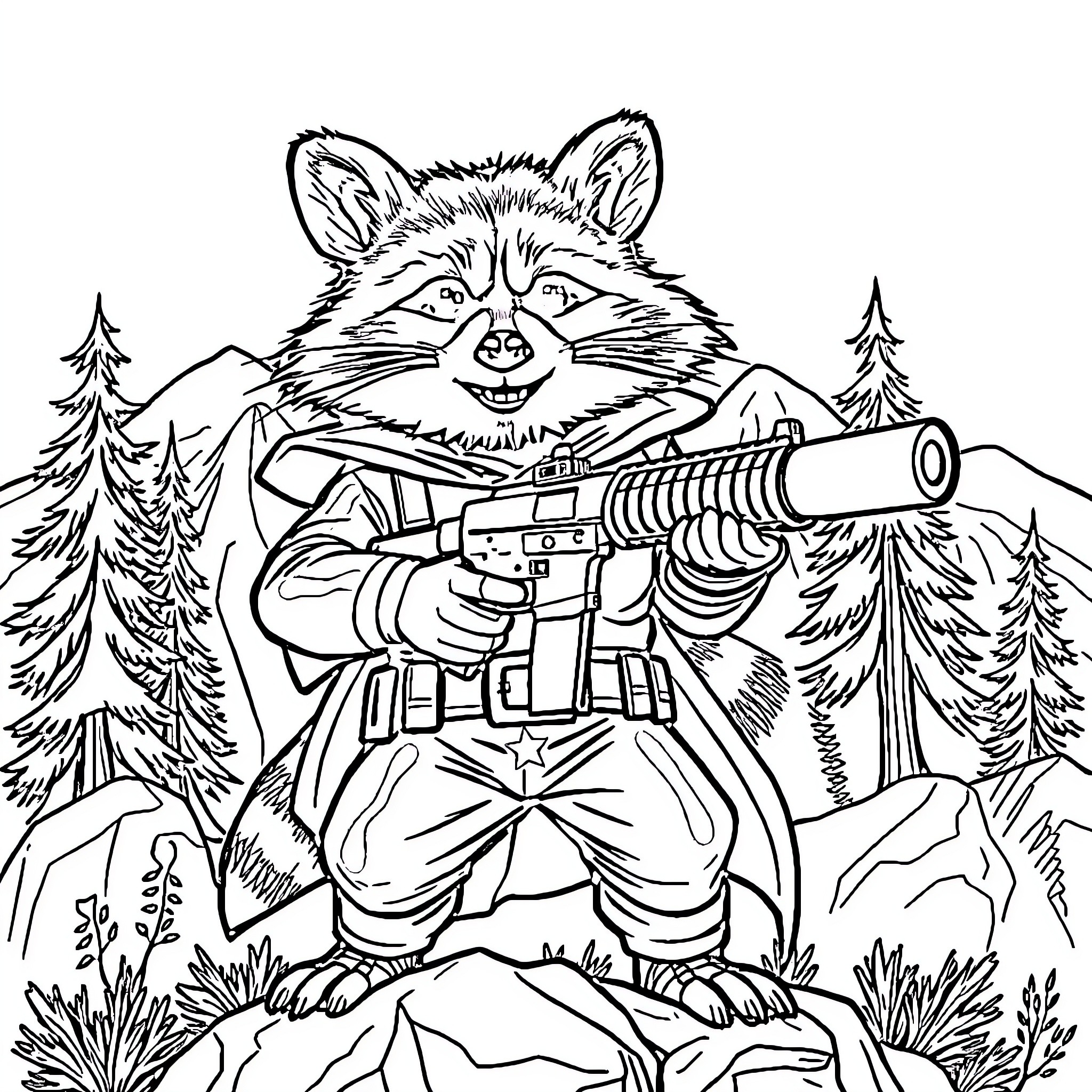 Raccoon Equipped for Adventure in the Wilderness Coloring Page (free black-and-white line drawing printable PDF for all, from beginners to advanced learners, including children, teens, adults, and seniors)